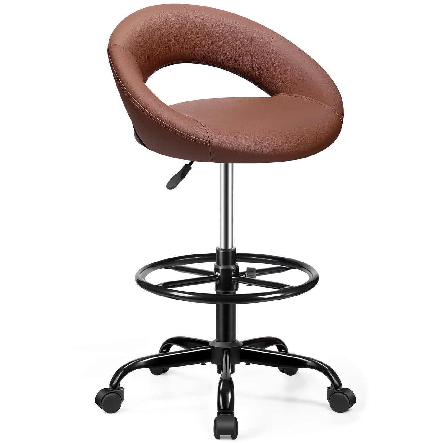 BESTFAIR Drafting Chair with Back, Height Adjustable Rolling Stool with Foot Rest, Tall 360° Swivel Stool PU Leather Chair with Wheels for Home Office, Standing Desk, Brown