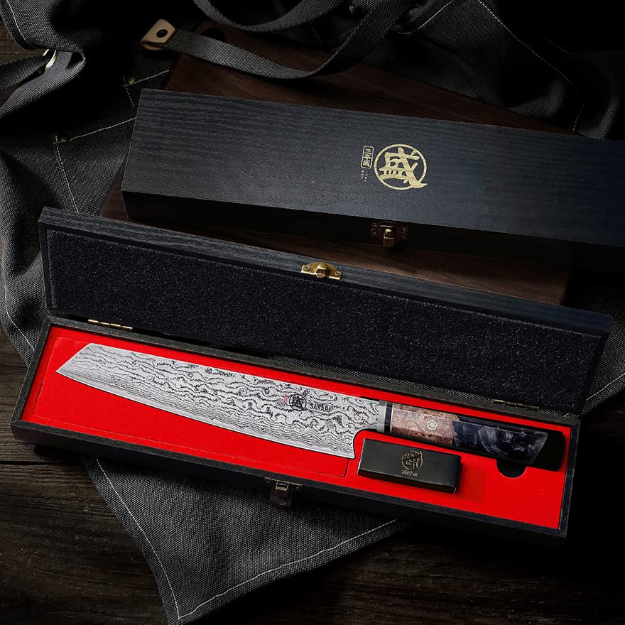 MITSUMOTO SAKARI 8 inch Kiritsuke Chef Knife & Japanese Sushi Knife, Hand Forged AUS-10 Damascus Steel with Shadowwood Handle & Sandalwood Box