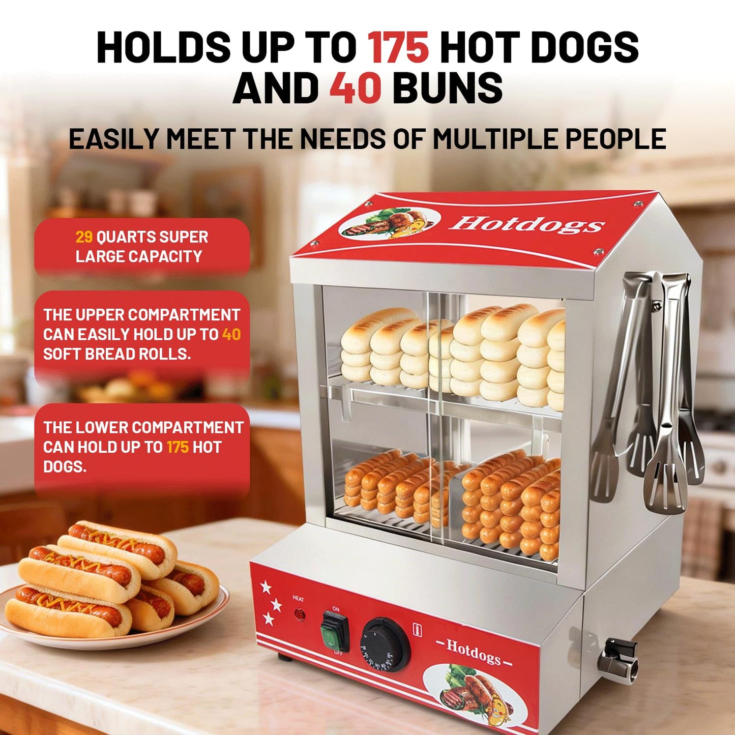 Sovtekr 27L/29 QT Hot Dog Steamer with Bun Warmer - Electric Steaming Machine 2-Tier Capacity for 175 Hot Dogs & 40 Buns, Visible Glass Slide Doors for Commercial Home Use