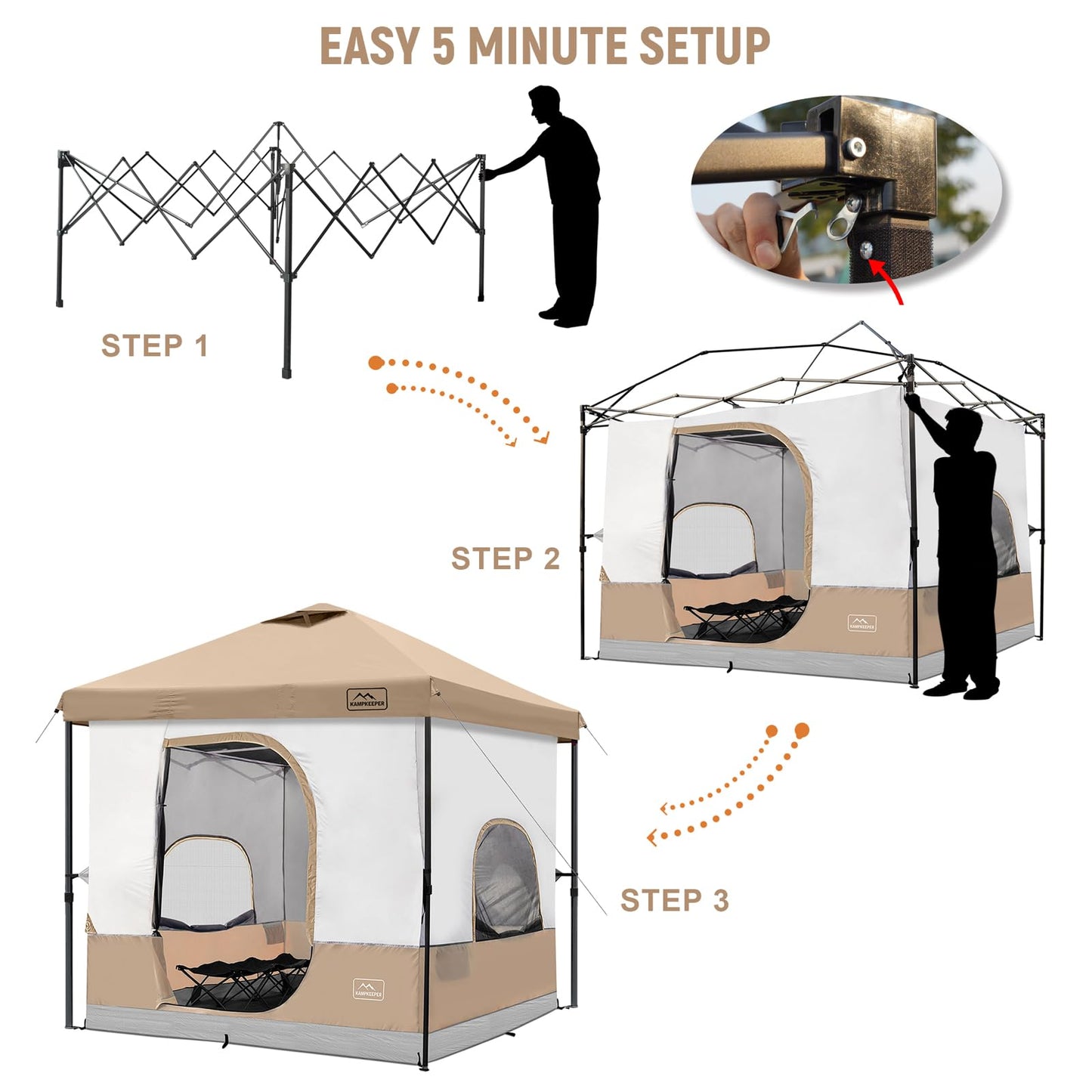 KAMPKEEPER 6-Person 10x10 Pop-Up Canopy Tent with Inner Tent, Waterproof, Portable Camping Shelter with Vented Roof, Adjustable Instant Canopy Height for Camping, Khaki