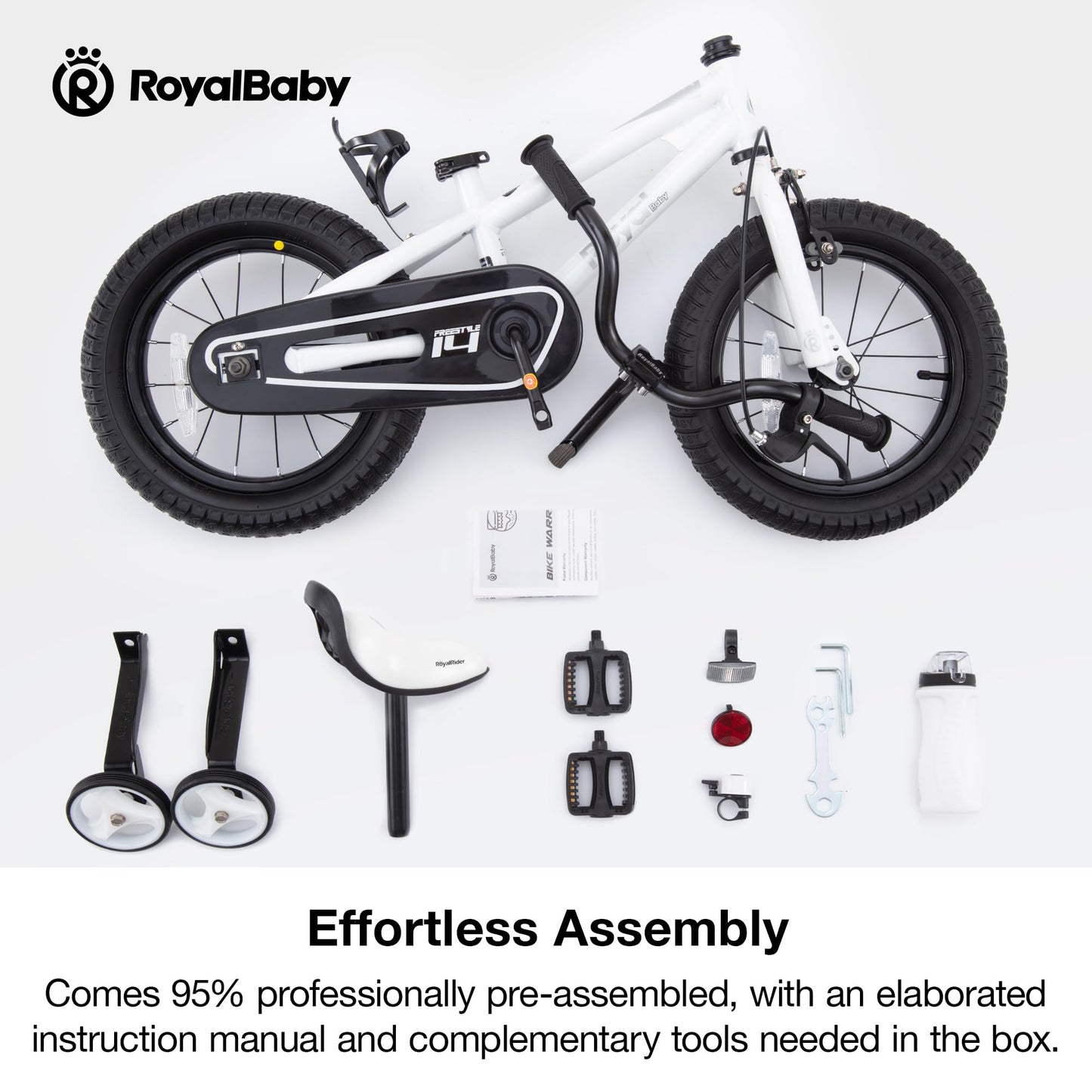 RoyalBaby Freestyle Kids Bike 14 Inch Childrens Bicycle with Training Wheels Toddlers Boys Girls Beginners Ages 3-5 Years, White