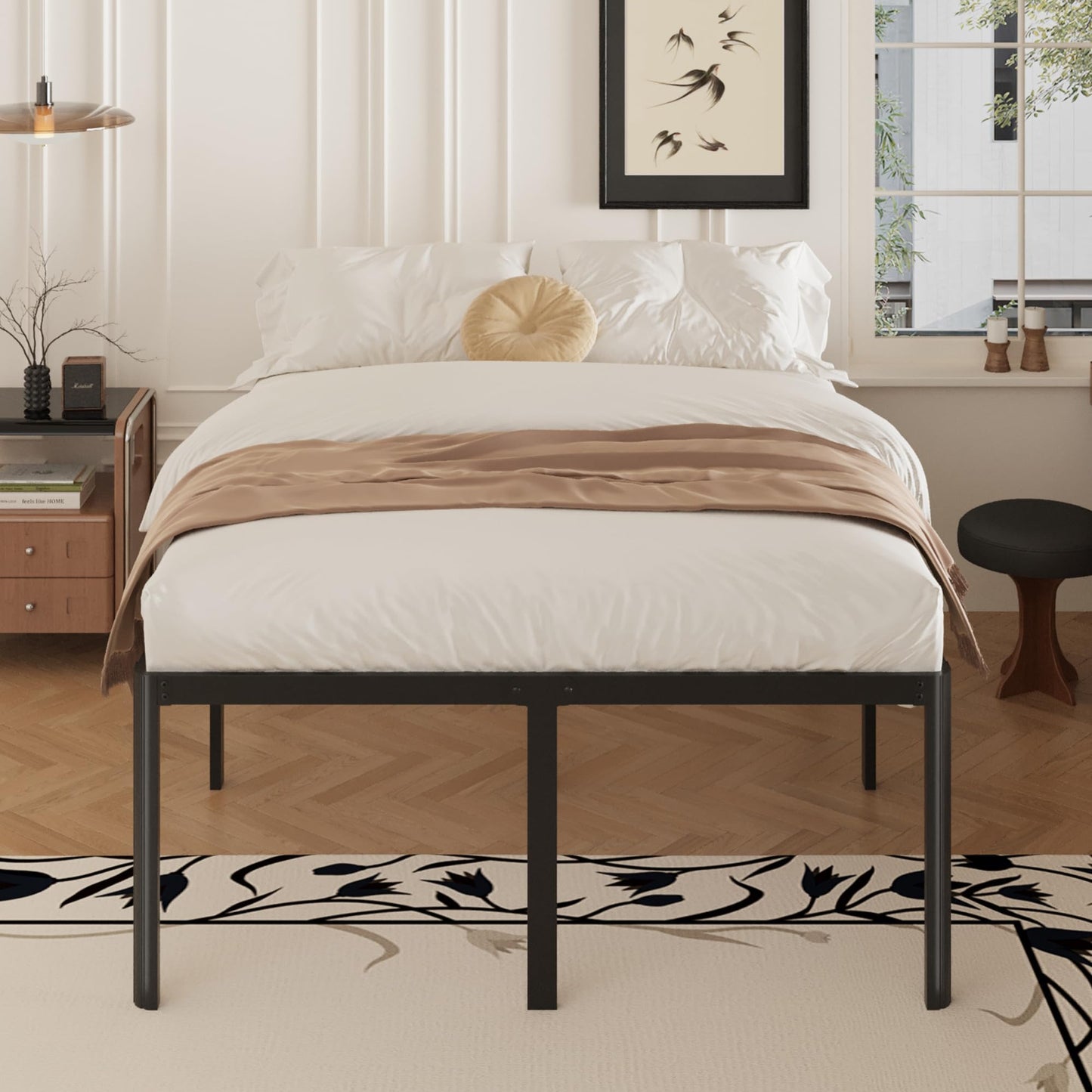 Yicensen 22 Inch High Queen Bed Frame Rounded Corner No Box Spring Needed, Heavy Duty Metal Queen Size Platform Bed Frame, Easy Assembly, Noise Free, Black