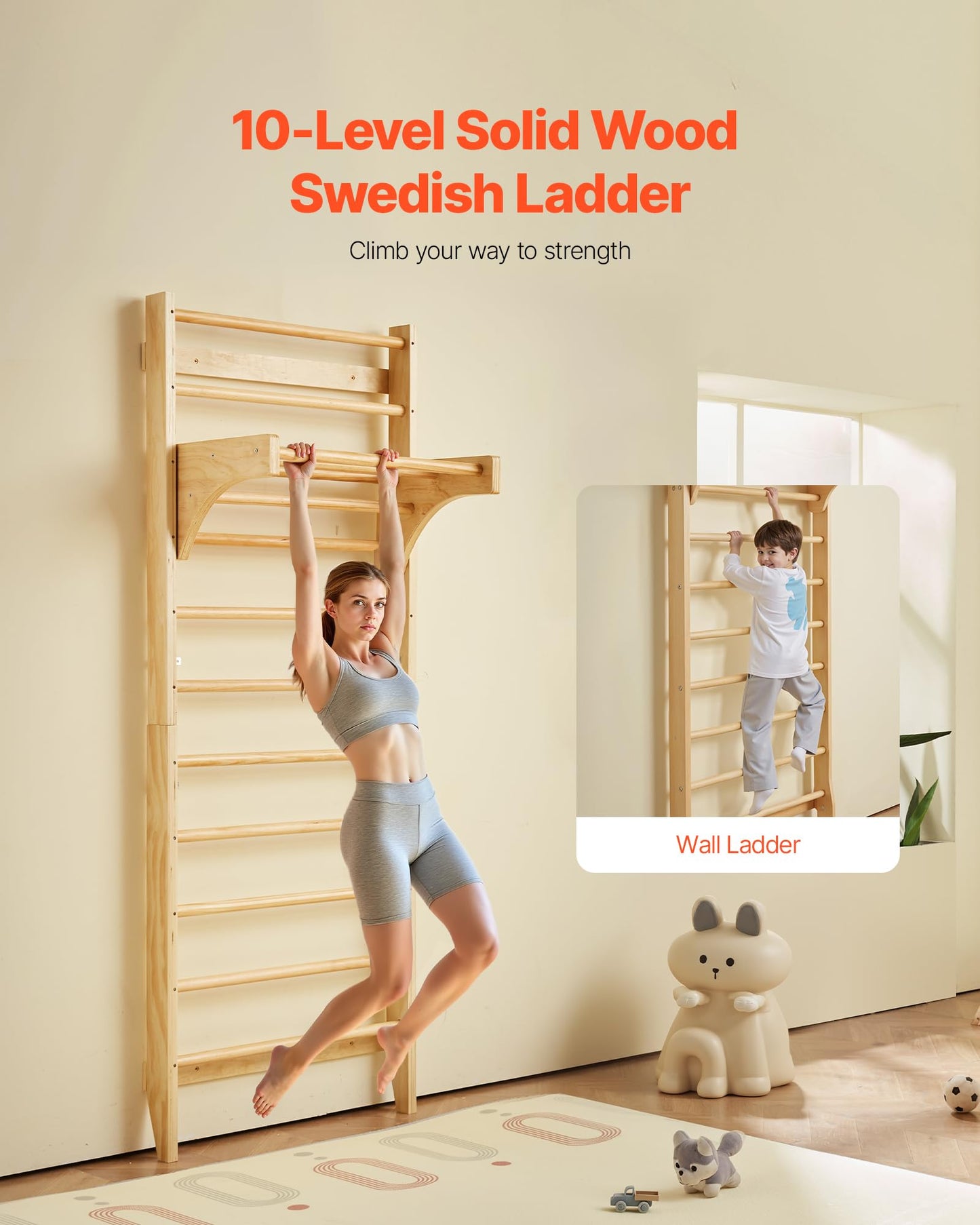VEVOR Swedish Ladder Wall Gym, 10-Level Solid Wood Indoor Jungle Gym, 220lbs Loading Indoor Playground Climbing Ladder for Kid Adults, Gymnastic Stall Bars with Pull-Up Bar - Ideal Gift for Boys Girls