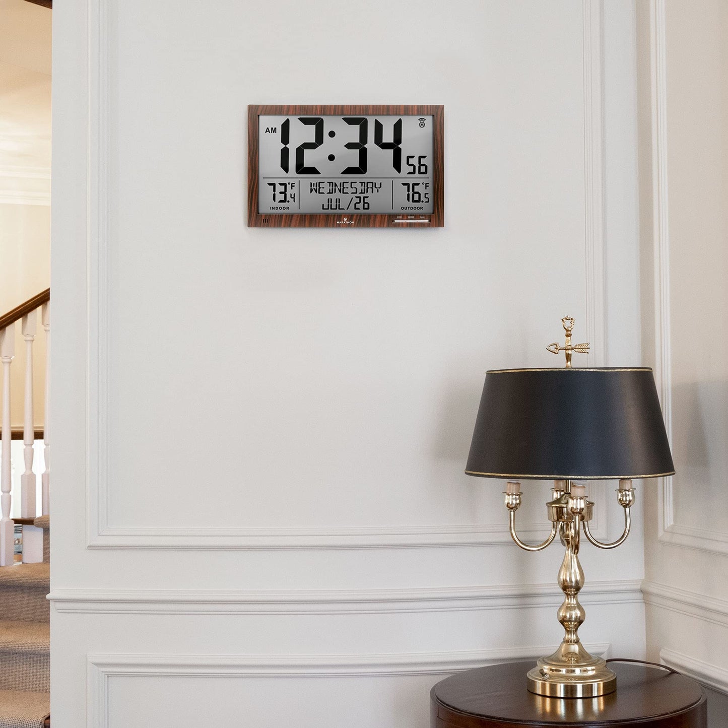 MARATHON Atomic Full Calendar Clock with Extra Large Digits Indoor and Outdoor Temperature