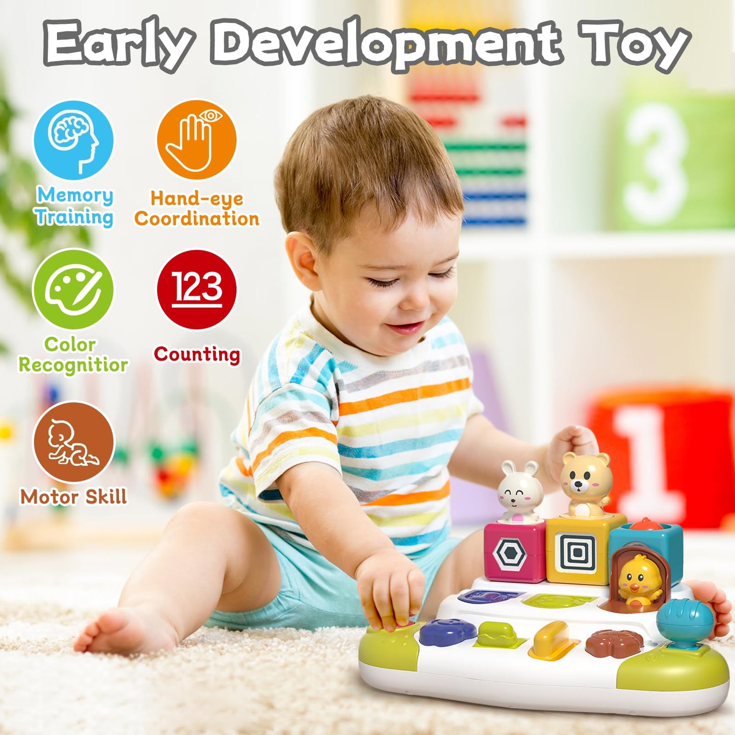 PANITU Baby Pop Up Animal Toys with Buttons & Colors, Montessori Cause and Effect Toys for Boys Girls, Kids, Toddlers, Babies – 9 Months +