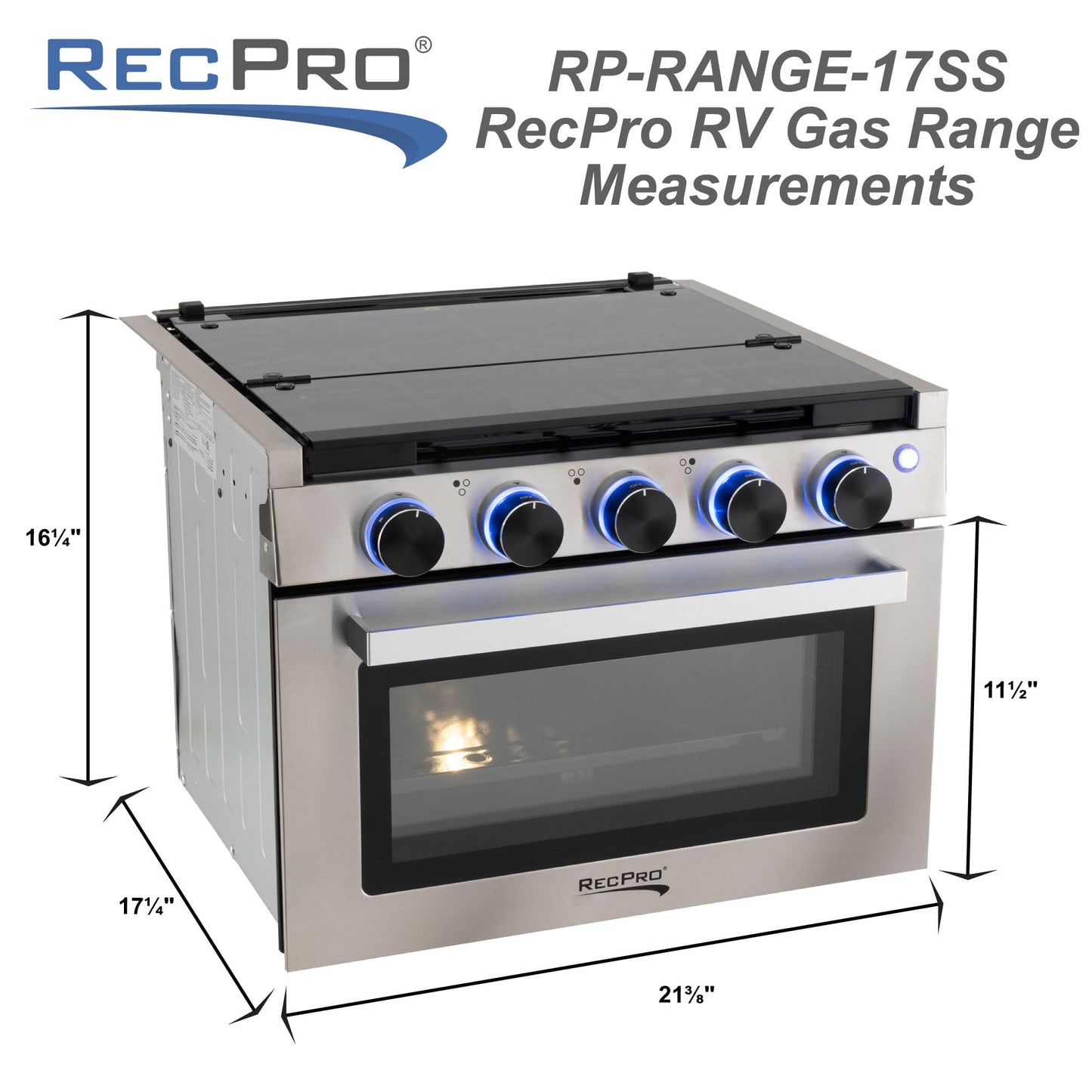 RecPro RV Stove | 21" x 17" Cooktop | 17" Tall Gas Range | 3 Burner | 1.8 Cu. Ft | 7100 BTU | Black or Silver Finish | Optional Vented Range Hood (Stainless, With Range Hood)