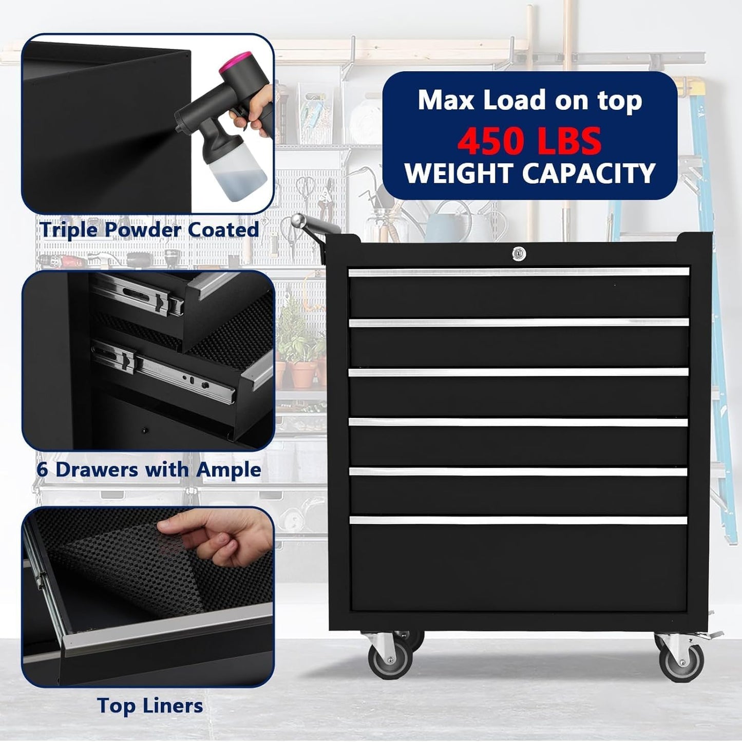 Rolling Tool Box with Wheels, 6 Drawer Tool Storage Cabinet, Portable Toolbox Organizer with Lock, Heavy Duty Tool Chest Cart for Garage, Mechanic, Workshop, Shop, Mobile Tool Organizer, Black