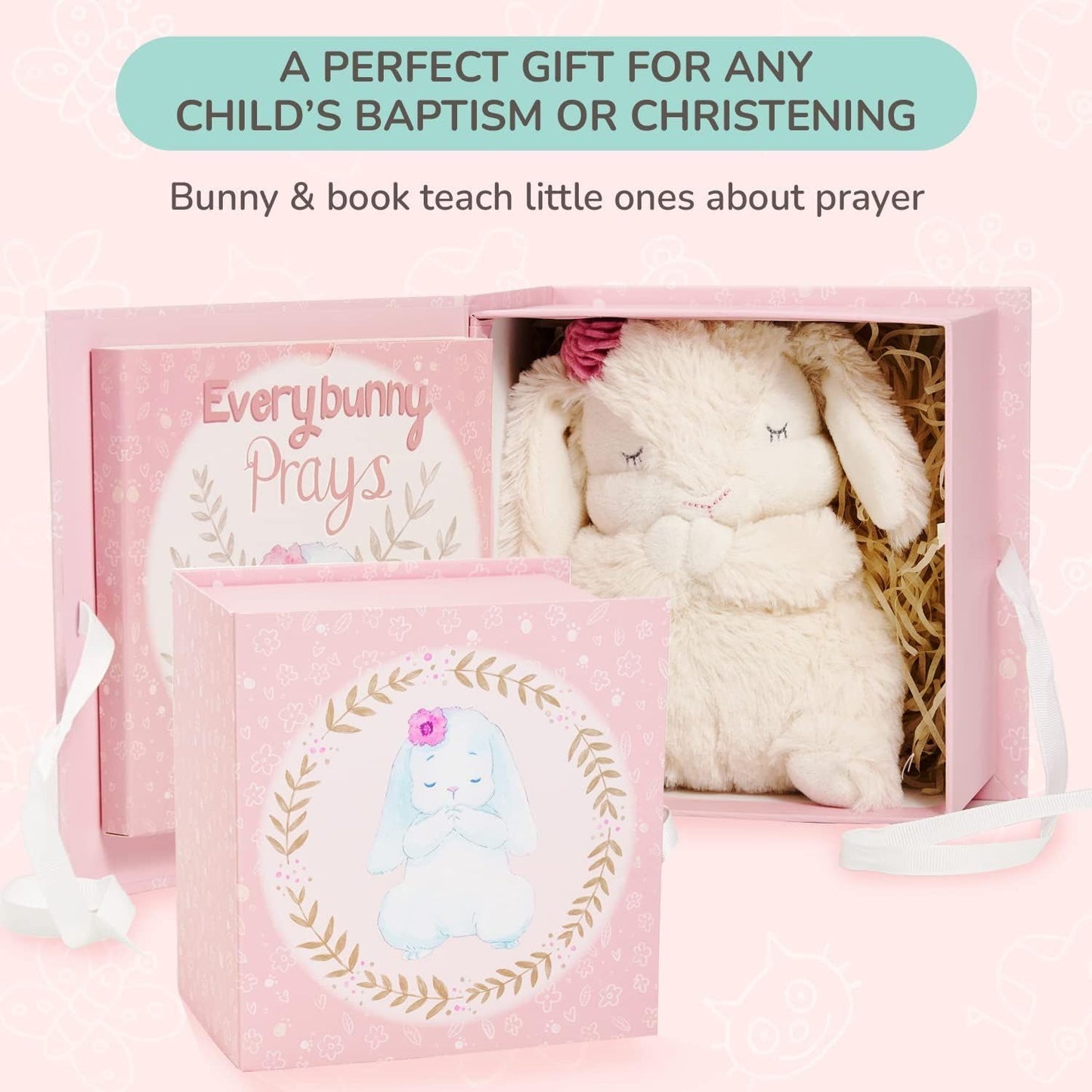 Tickle & Main Everybunny Prays Bunny Plush & Musical Prayer Toy for Christening Gifts for Girls - Pink, 7 in - Baby Dedication & Baptism Gifts for Girls with Illustrated Board Book