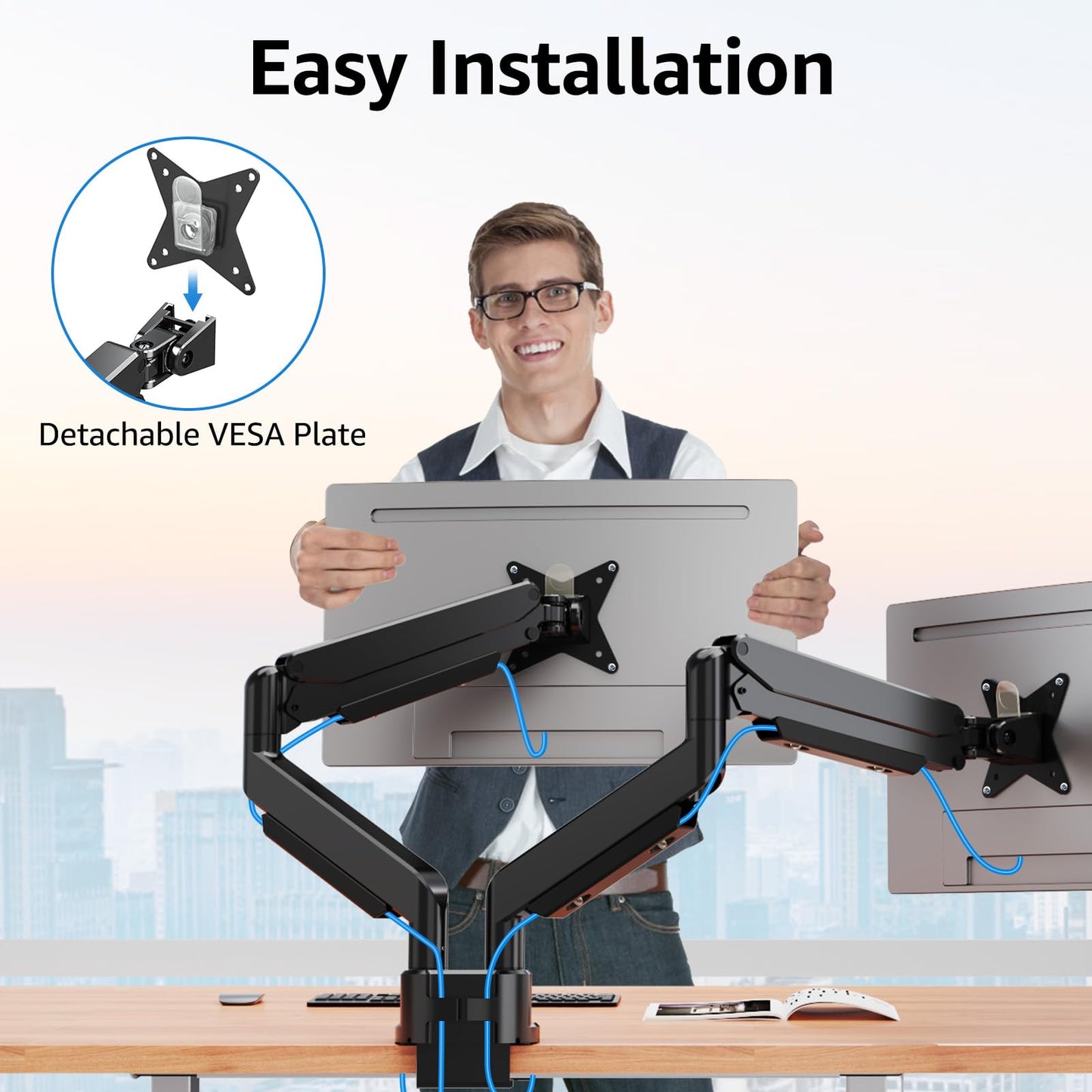 MOUNTUP Dual Monitor Mount fits 42 40 39 37 34 32 27 inch Ultrawide Screen, Holds 6.6-33lbs, Dual Monitor Arm Desk Mount, Heavy Duty Monitor Stand for 2 Monitors, with Clamp/Grommet Base