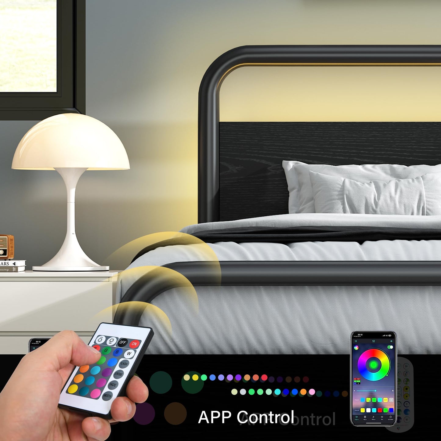 Catrimown Queen Bed Frame with LED Lights, Heavy Duty Metal Rustic Platform Bed Frame Queen Size, with Headboard, Under Bed Storage, Noise Free, No Box Spring Needed, Black