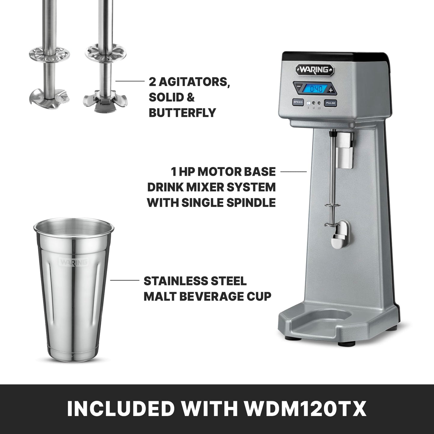 Waring Commercial WDM120TX Heavy-Duty Single 1Hp Spindle Drink Mixer with Countdown Timer, Digital Display, Automatic Start/Stop, 120V, 5-15 Phase Plug, 22" x 9" x 10.38"