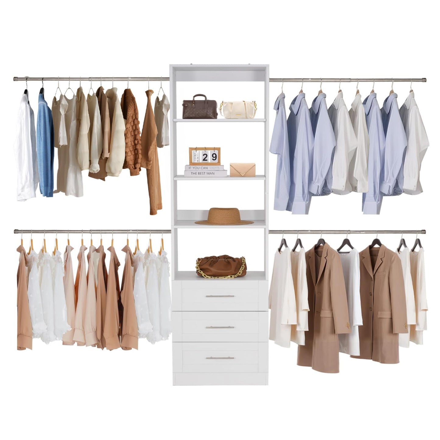 VEVOR Closet System with 3 Drawers, Adjustable Height Wooden Closet Organizers, Modern Walk-in Wardrobe Organization with 4 Retractable Clothes Hanger Rods, Freestanding Garment Rack Storage, White