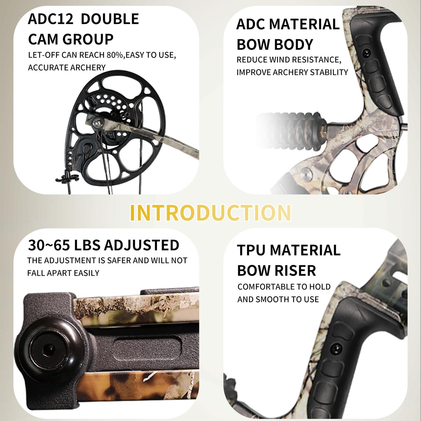 Adult Archery Compound Bow Fishing Combination Kit Adjustable 30-65lbs Composite Bow Combination 19.5 "-30" Rope Length Hunting Equipment (Camo)