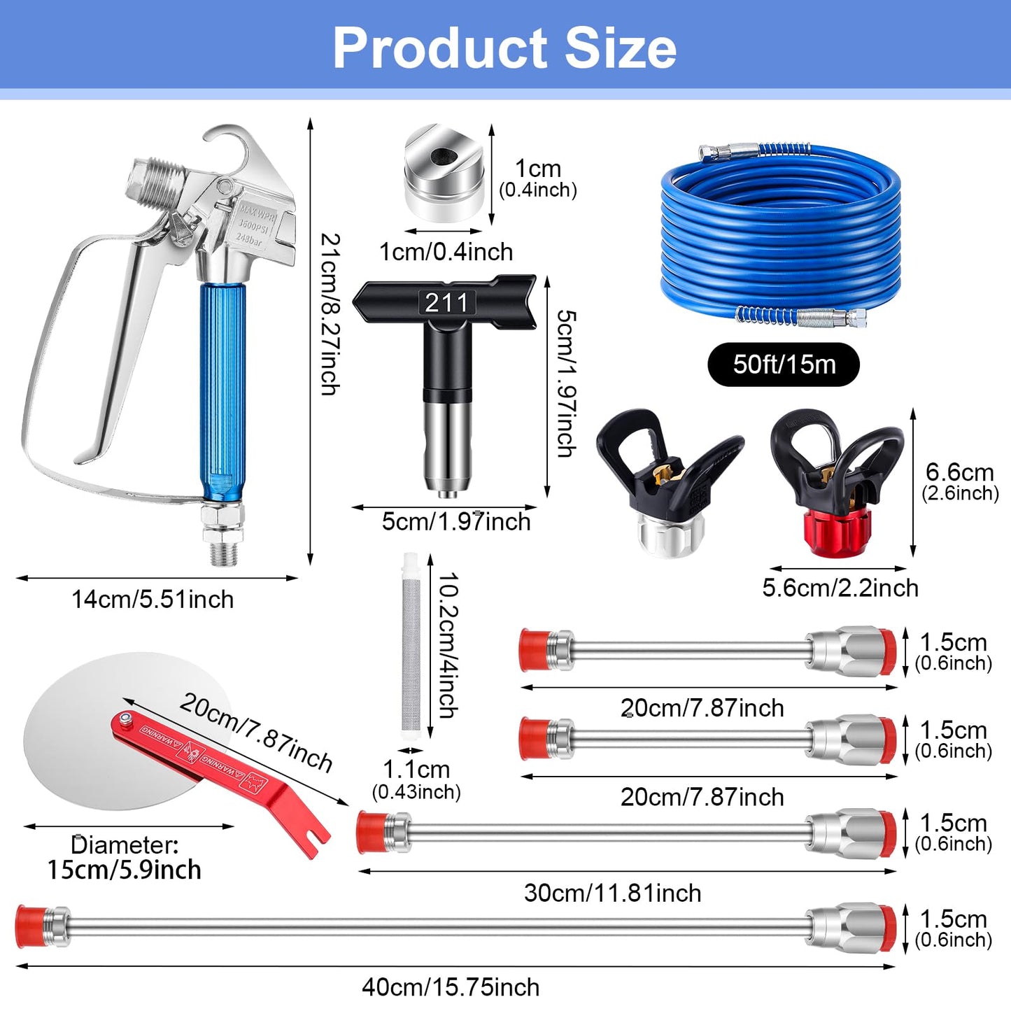Gyfent 22Pcs Airless Paint Sprayer Gun Kit, 3600PSI Airless Spray Gun with 50Ft High Pressure Hose & 6Pcs Reversible Spray Tips & 4Pcs Extension Rod & 6Pcs Filters & Guide Tool & Nozzle Seat