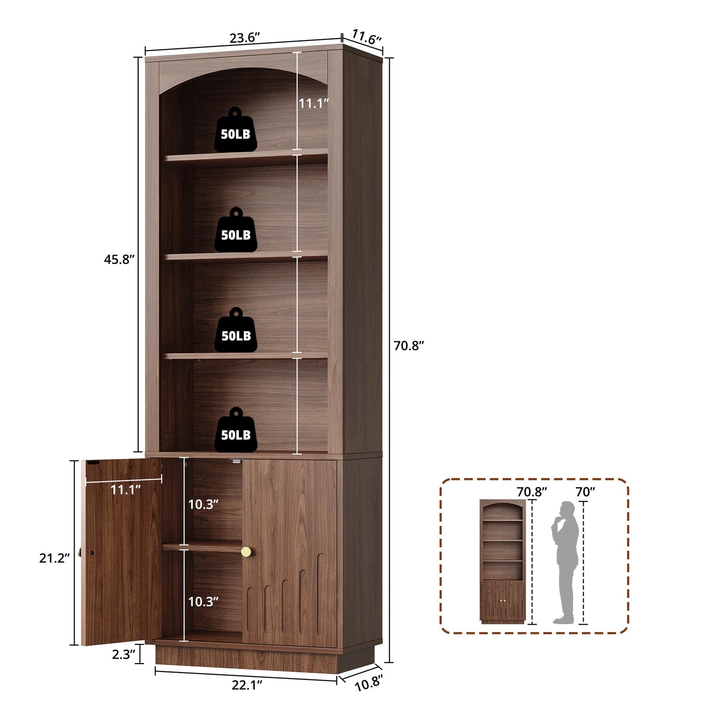 IRONCK Book Shelf and Bookcases with Doors Floor Standing 6 Shelf Display Storage Shelves, 70.8" Tall Bookcase for Home Office, Living Room, Mid-Century Modern, Walnut Brown