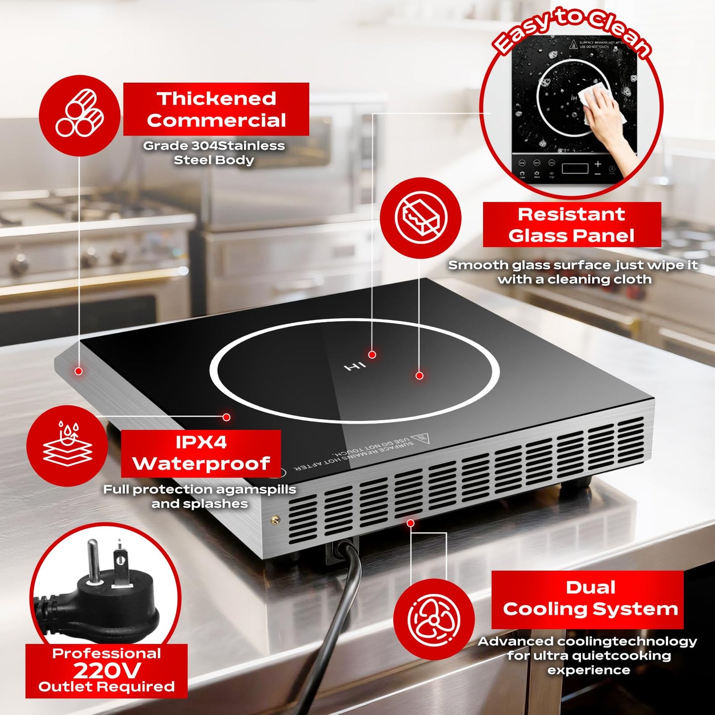 3500W Commercial Induction Cooktop, 220V Countertop Burner with 10 Power Levels, 5 Quick-Temp Modes, Timer & LED Display, Portable Induction Hot Plate for Restaurant Kitchen Hotel Catering