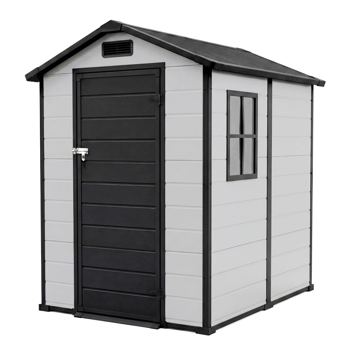 6x4 ft Outdoor Storage Shed, Plastic Resin Garden Shed with Floor, Window, 2 Vents, Lockable Door & Sloped Roof, Garden Tool Storage Shed for Patio, Backyard, Garden, Lawn Mower, Bike