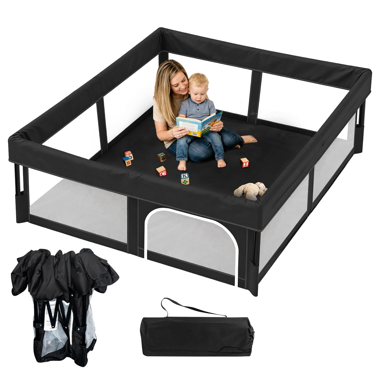 Foldable Baby Playpen, 50"×50" Play Yard for Toddlers, Portable & Collapsible Playpen with Gate, ASTM & CPSC Certified, Skin-Friendly & Breathable Mesh, Ideal for Indoor & Outdoor Use with Bag