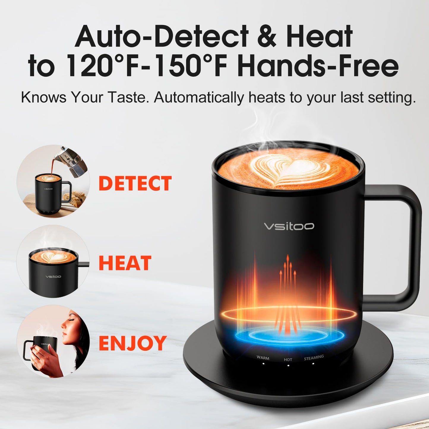 Vsitoo S3 Plus 14oz Heated Coffee Cup - Temperature Control Smart Mug with Mug Warmer, Auto-Sensing AI Heats Drinks to 120-150°F Hands-Free.Ideal for Home/Office/Gifts，Black