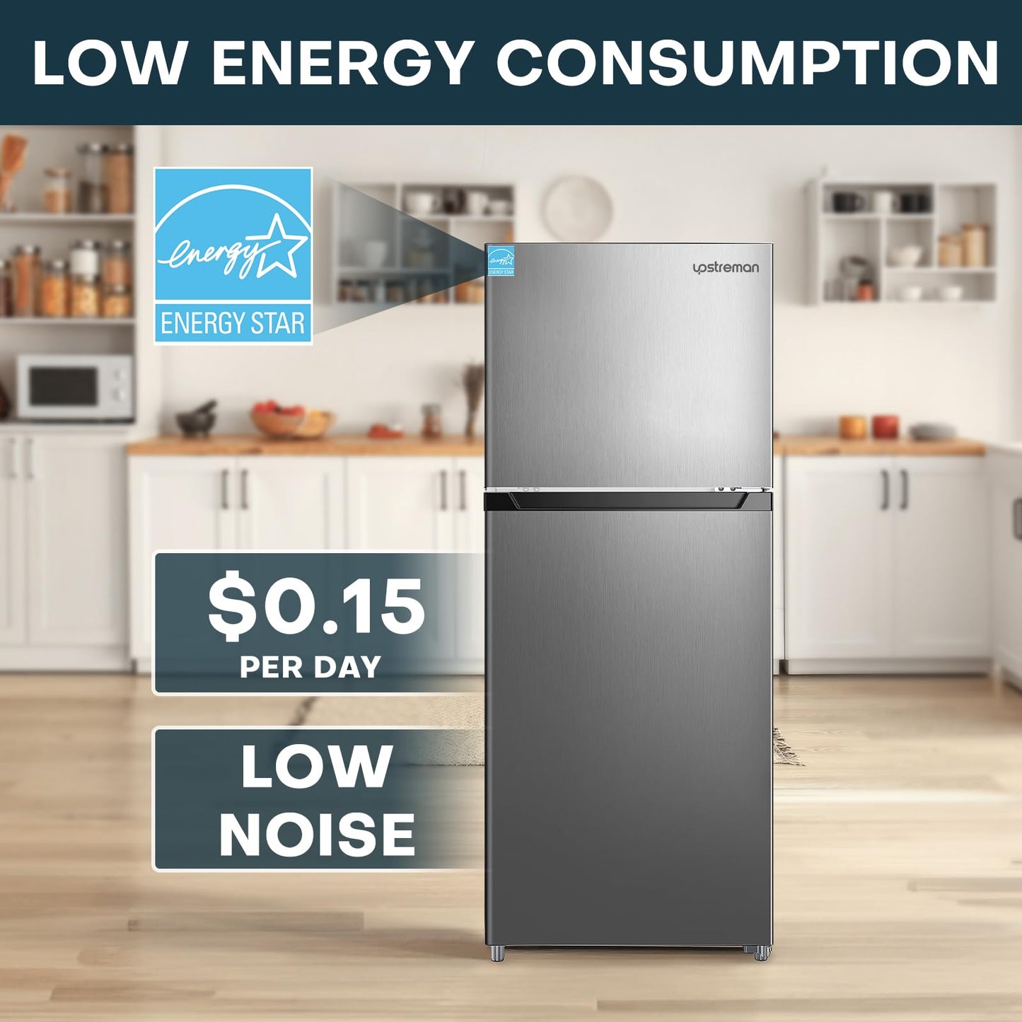 Upstreman 11.6 Cu.Ft. Double Door Refrigerator in Stainless Steel with Large Capacity Top Freezer, Frost Free, Adjustable Thermostat Control, Apartment Refrigerator with Freezer, ENERGY STAR