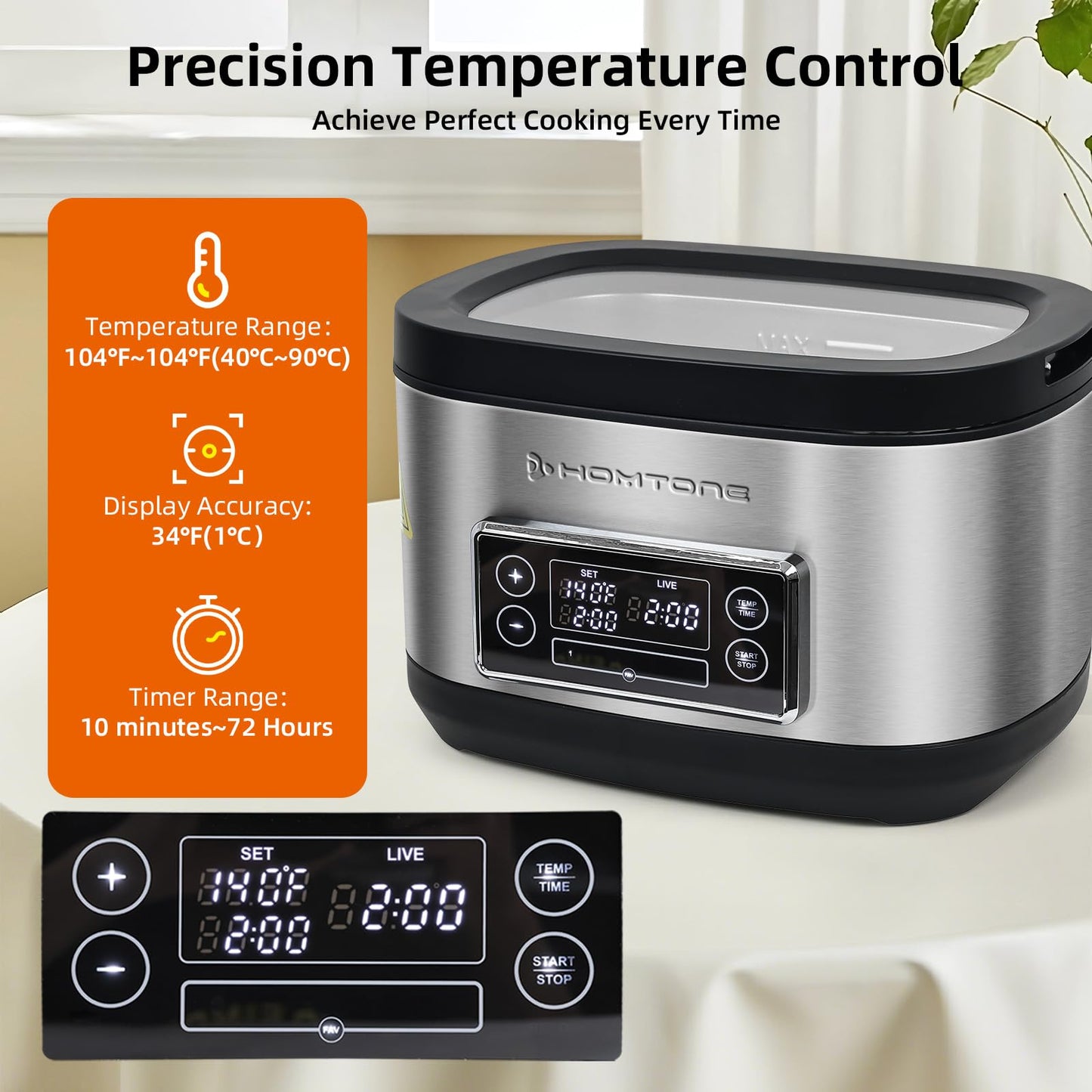 Homtone 8 Quart Sous Vide, Temperature Control Sous Vide Cooker with Timer, Stainless Steel Sousvide for Steak/Seafood/Vegetables, Suveed Cooking Machine Precision Steak Cooker with Vacuum Bags