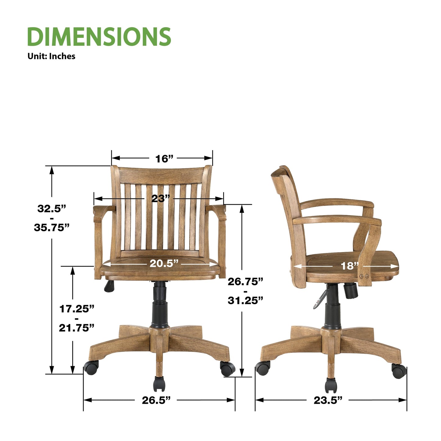 OSP Home Furnishings Deluxe Wood Banker's Home Office Desk Chair with Adjustable Height, Locking Tilt and Heavy Duty Base, Medium Oak Finish