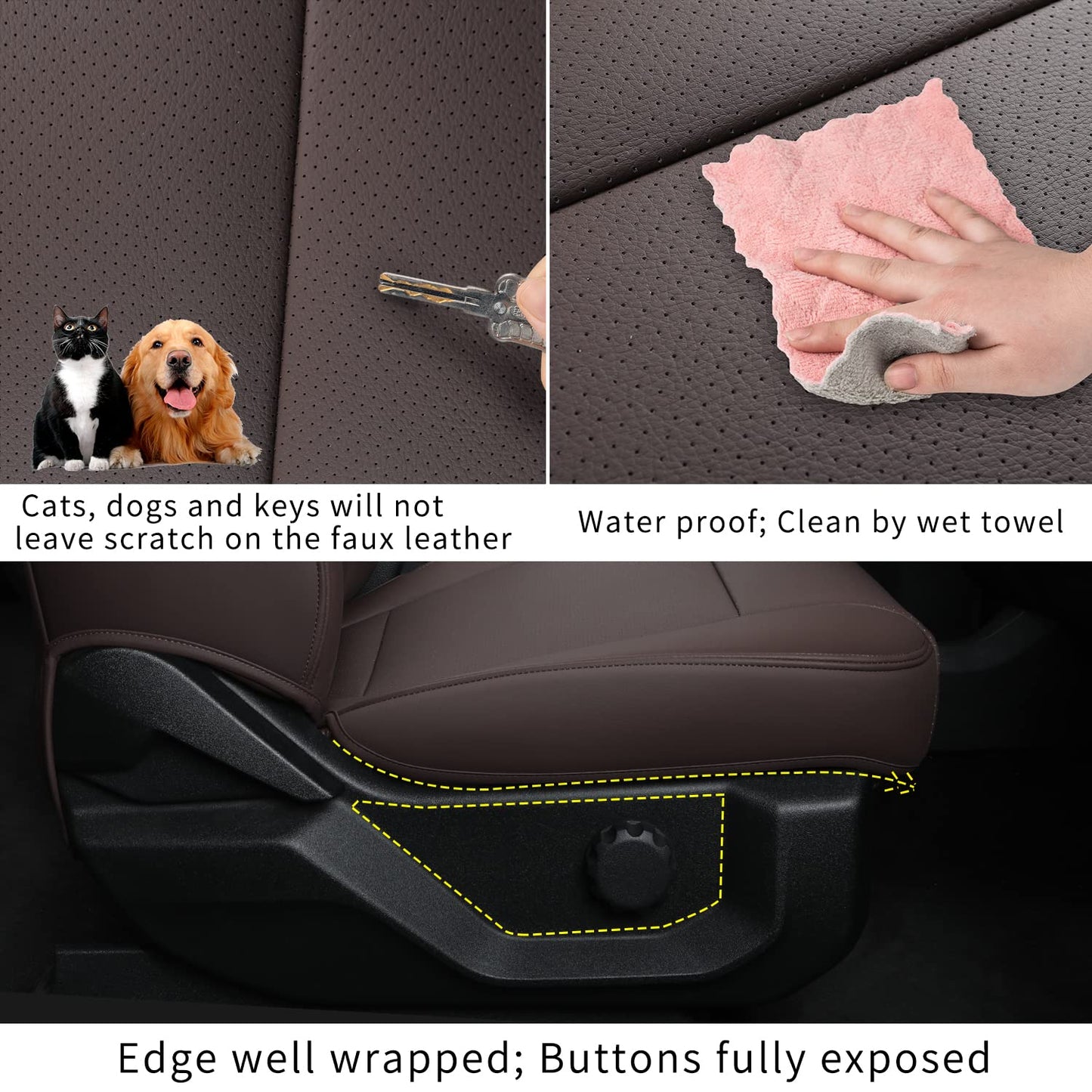 Covertopia F150 Faux Leather Seat Covers, Custom fit 2015-2024 2025 Ford F150 SuperCrew, and 2017-2024 2025 F250 F350 F450 Super Duty Crew Cab(Full Set, Brown)