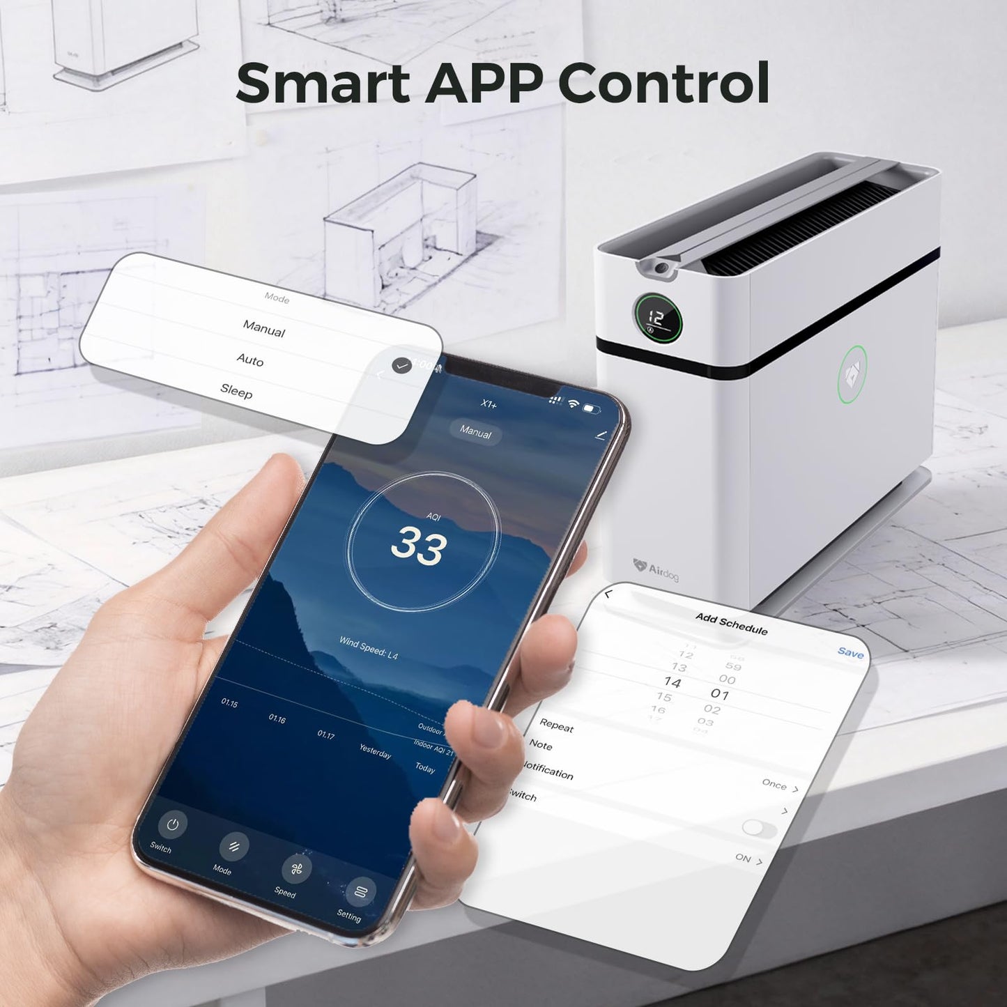 Airdog X1+ Air Purifier for Home,TPA Technology Up to 20X More Effective than HEPA,Portable Air Cleaner for RV with 3 Modes, App Control for Allergens, Pollutants, Smoke, Dust