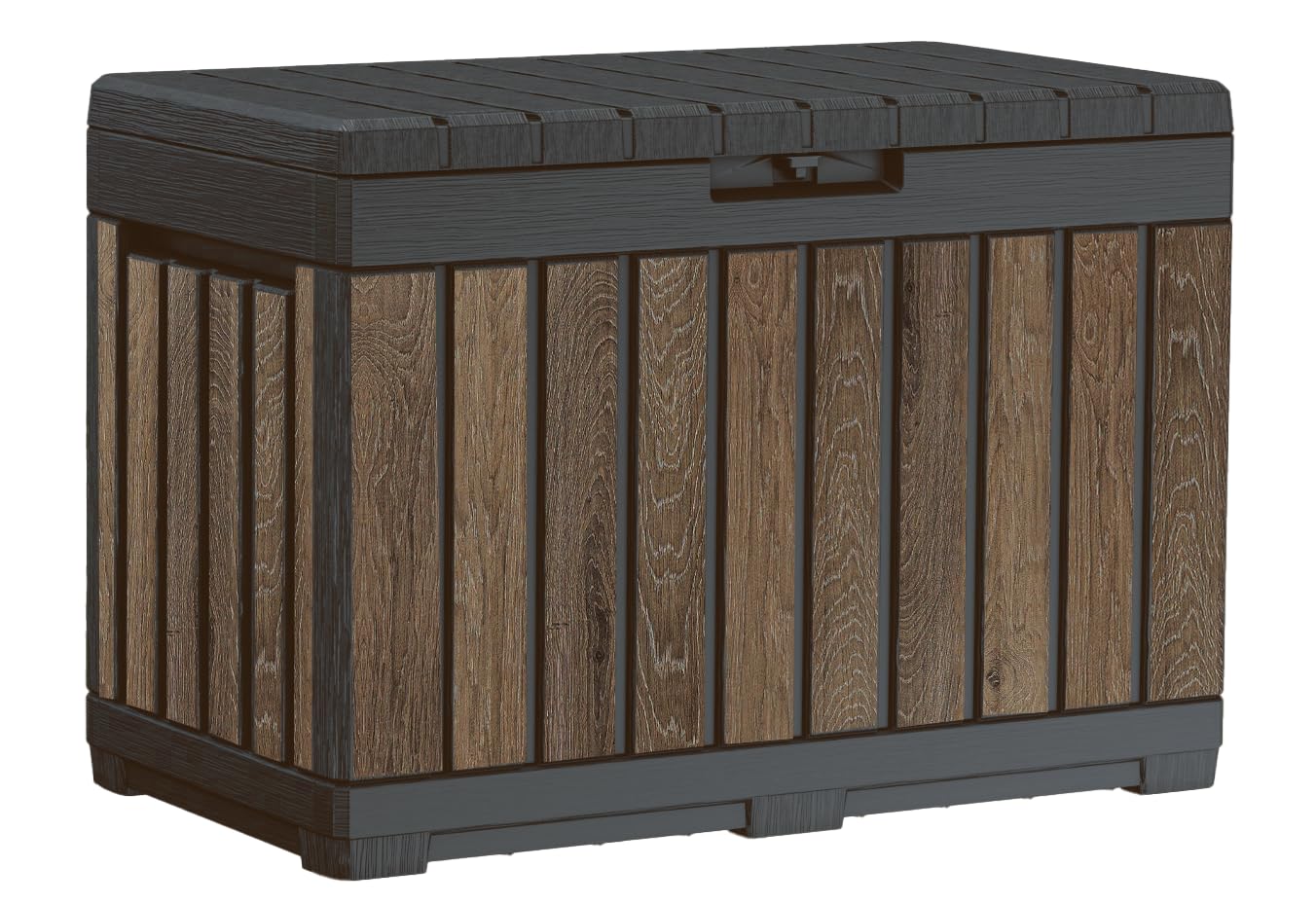 Keter Signature Everwood 50 Gallon Resin Deck Box for Outdoor Storage – Weather‑Resistant Balcony & Patio Box for Cushions, Throw Pillows & Garden Tools, Walnut