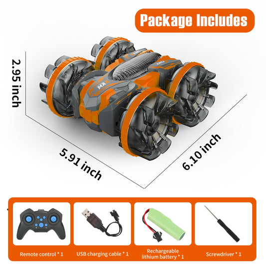 MOMONOVA Amphibious Remote Control Stunt Car with Colorful LED Wheels for Kids 4-7 8-12, 4WD Double-Sided RC Stunt Car, 2.4GHz Remote, 360° Flip, Waterproof Vehicle Toy for Boys Girls Birthday Gift