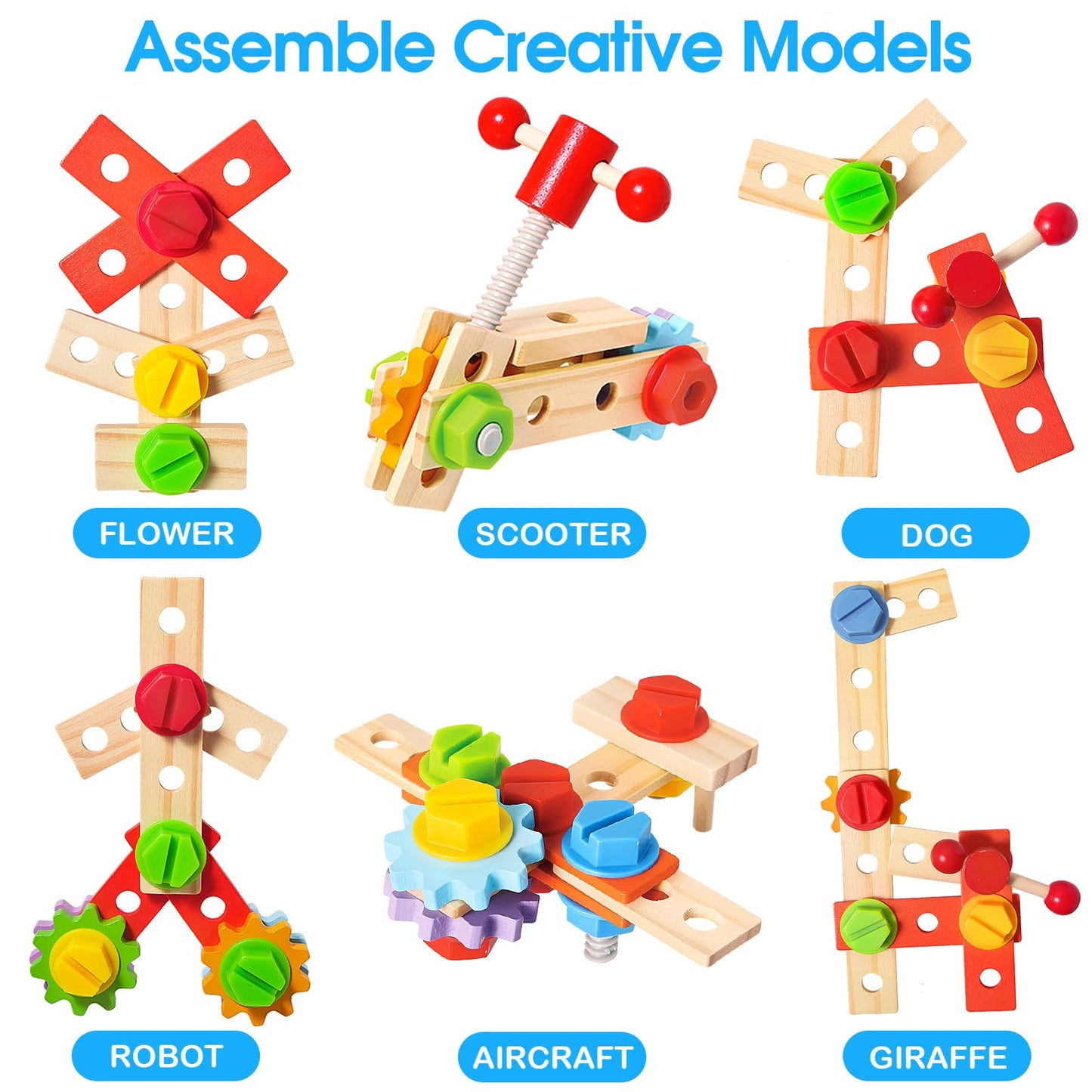 Kids Tool Set Toy with Drill, Wooden Toy for 2 3 4 5 Years Old Boy Girl, 37 Pcs Stem Montessori Toy for Learning Educational Construction Toy, Birthday Gift for Kids