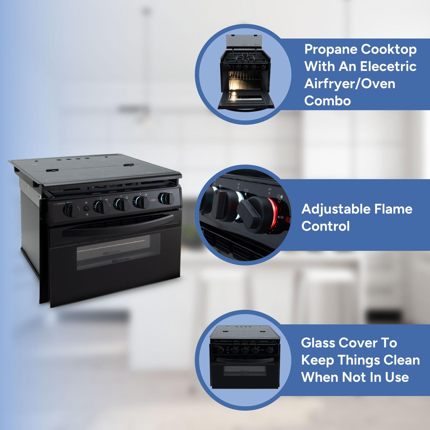 RecPro RV Suburban 3 Burner Propane Range with Oven & Air Fryer | 9000 BTU Front Burners | Piezo Ignition | Glass Cover | 12V DC/ 120V AC