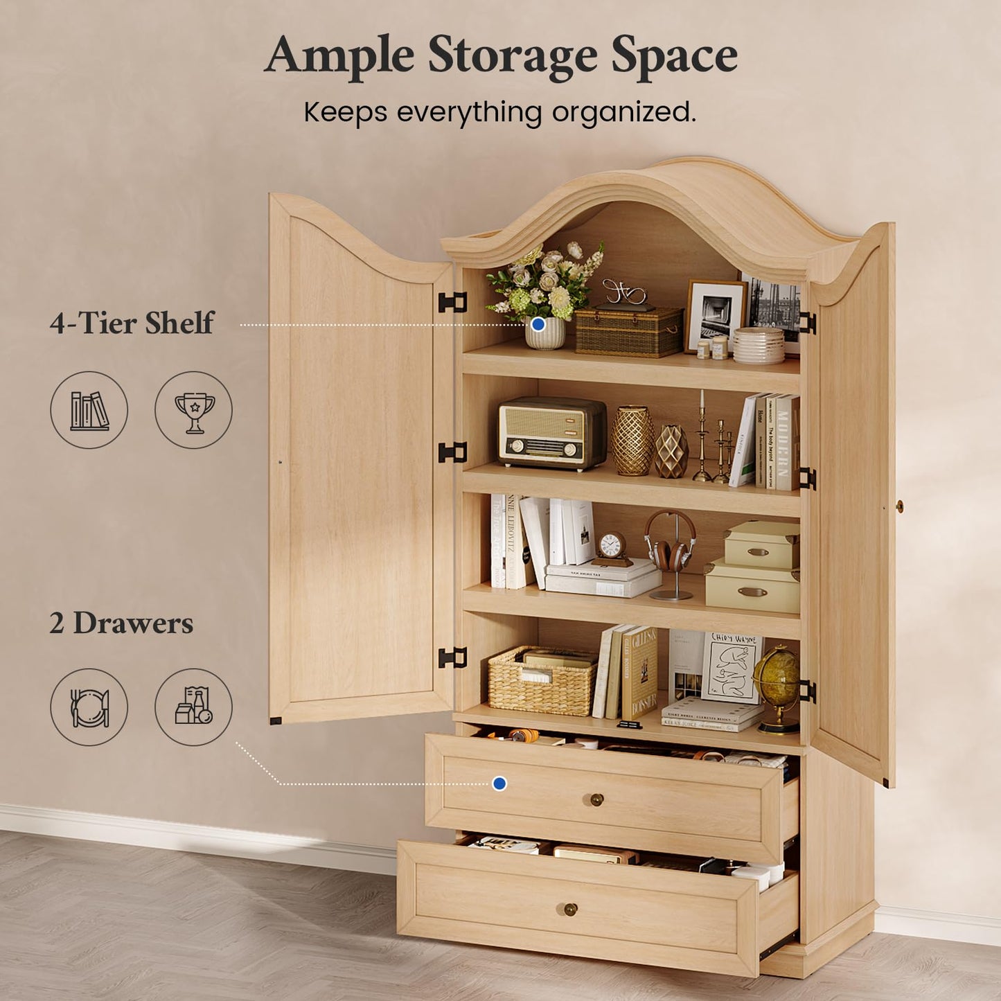 ANGRYWIN 70.9" Tall Kitchen Pantry Cabinet with 4 Shelves & 2 Large Drawers, Farmhouse Kitchen Cabinet, Versatile Pantry Storage Cabinet for Kitchen, Dining Room, Natural