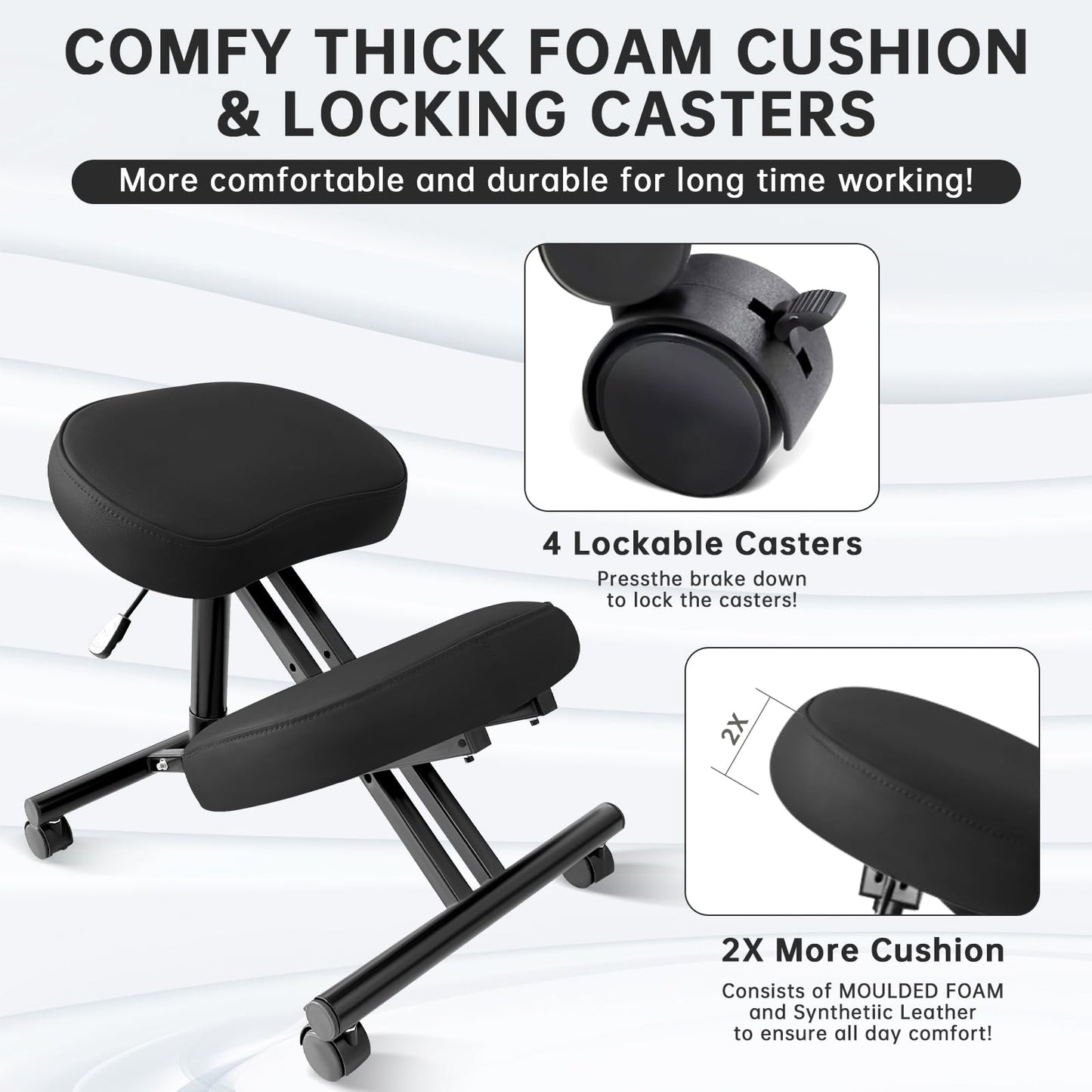 DENGTELI PU Leather Ergonomic Kneeling Chair, Adjustable Home and Office Stool with Thick Pads and Flexible Lockable Brake Wheels for Back Pain Relief(Black)