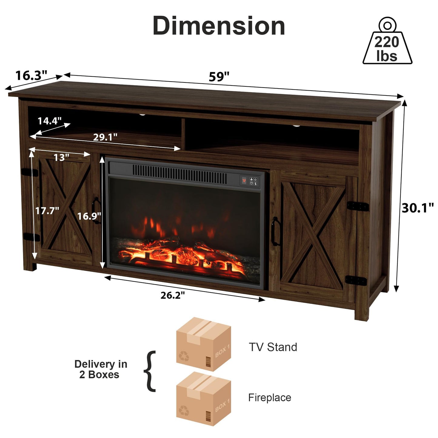 Furmax Farmhouse Fireplace TV Stand for TVs Up to 65 Inch Highboy Entertainment Center with Open Storage and Side Cabinets Rustic Media Console Table with Barn Doors for Living Room (Barnwood)