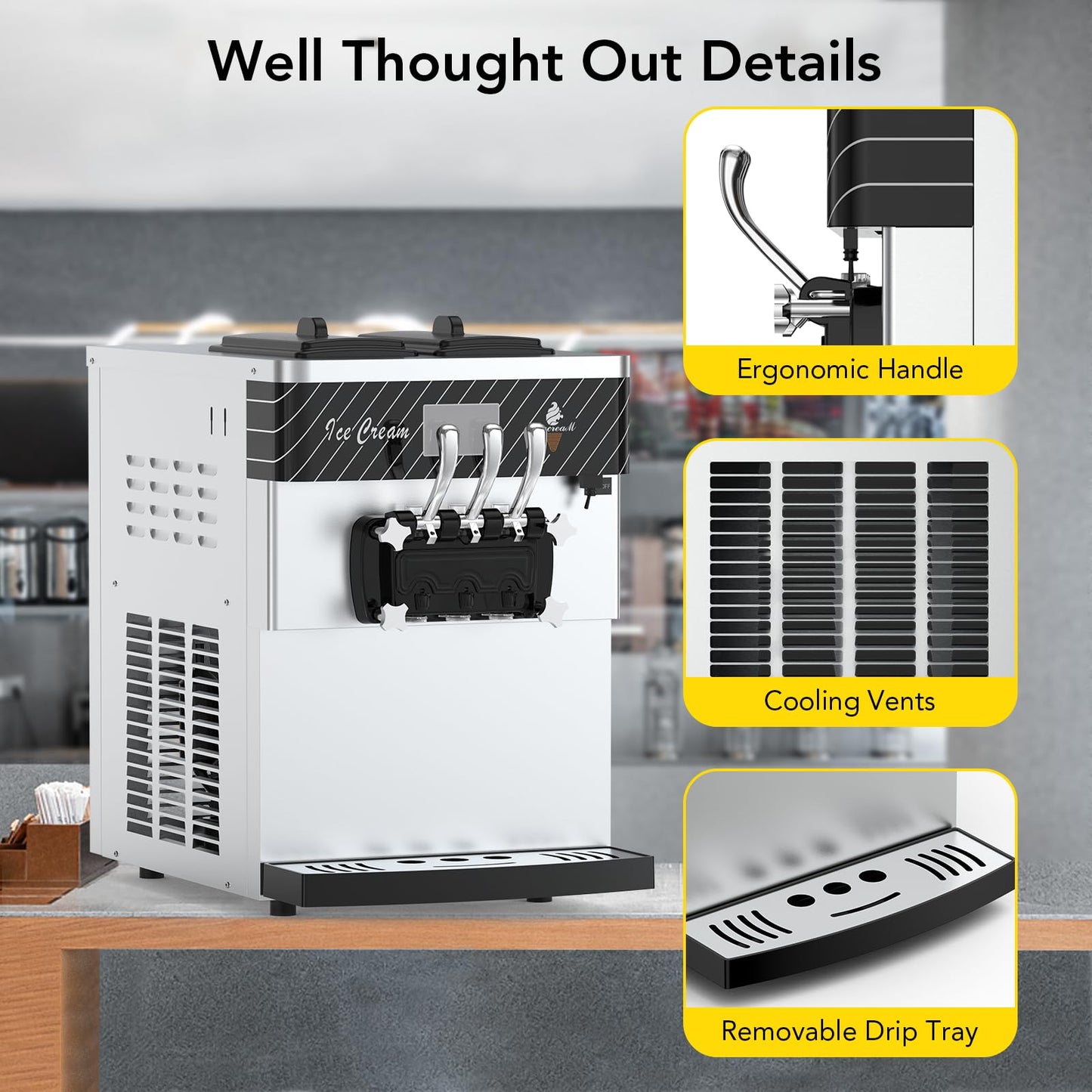 Commercial Ice Cream Maker, 5.8-7.9Gal/Hour Commercial Soft Ice Cream Machine, 2 X 7L Rangers, LED Display Design,with Auto Clean Function, 3 Flavors for Restaurants, Cream Shops