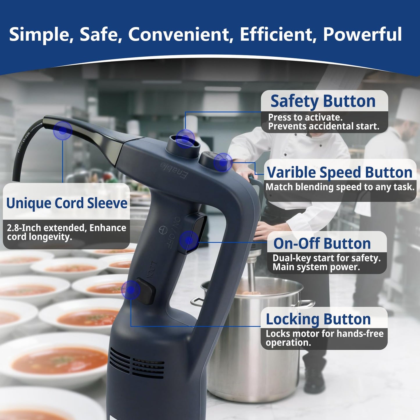 VONCI 500W Commercial Immersion Blender, 16" SUS 304 Removable Shaft, Heavy Duty Power Hand Mixer with Variable Speed 6000-20000RPM, Professional Electric Stick Blender for Restaurant Kitchen Use.
