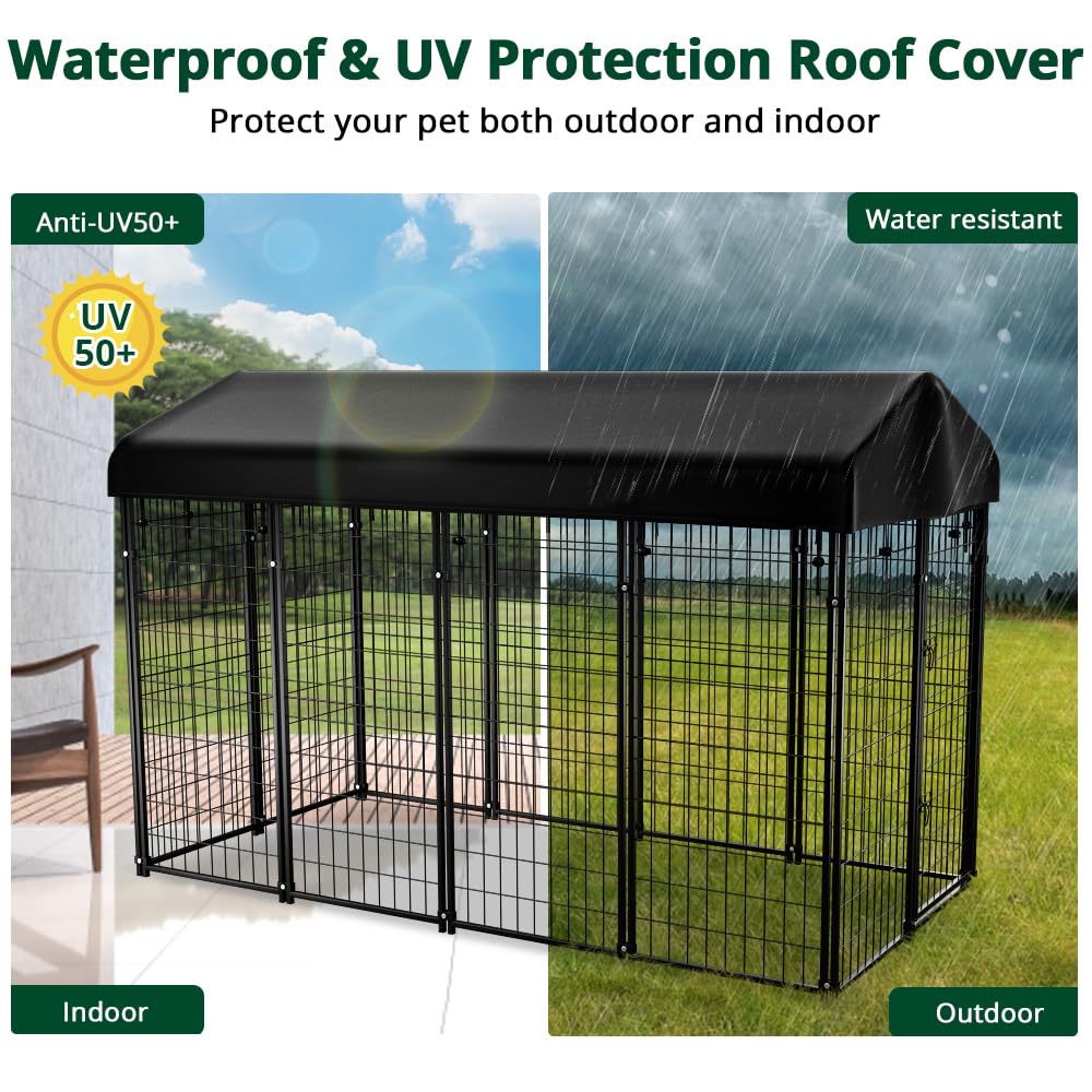 Dog Kennel Outside with Roof, 8'x6'x4' Outdoor Dog Kennels for Large Dogs, Heavty Duty Welded Dog Crate Playpen with UV-Resistant Waterproof Cover