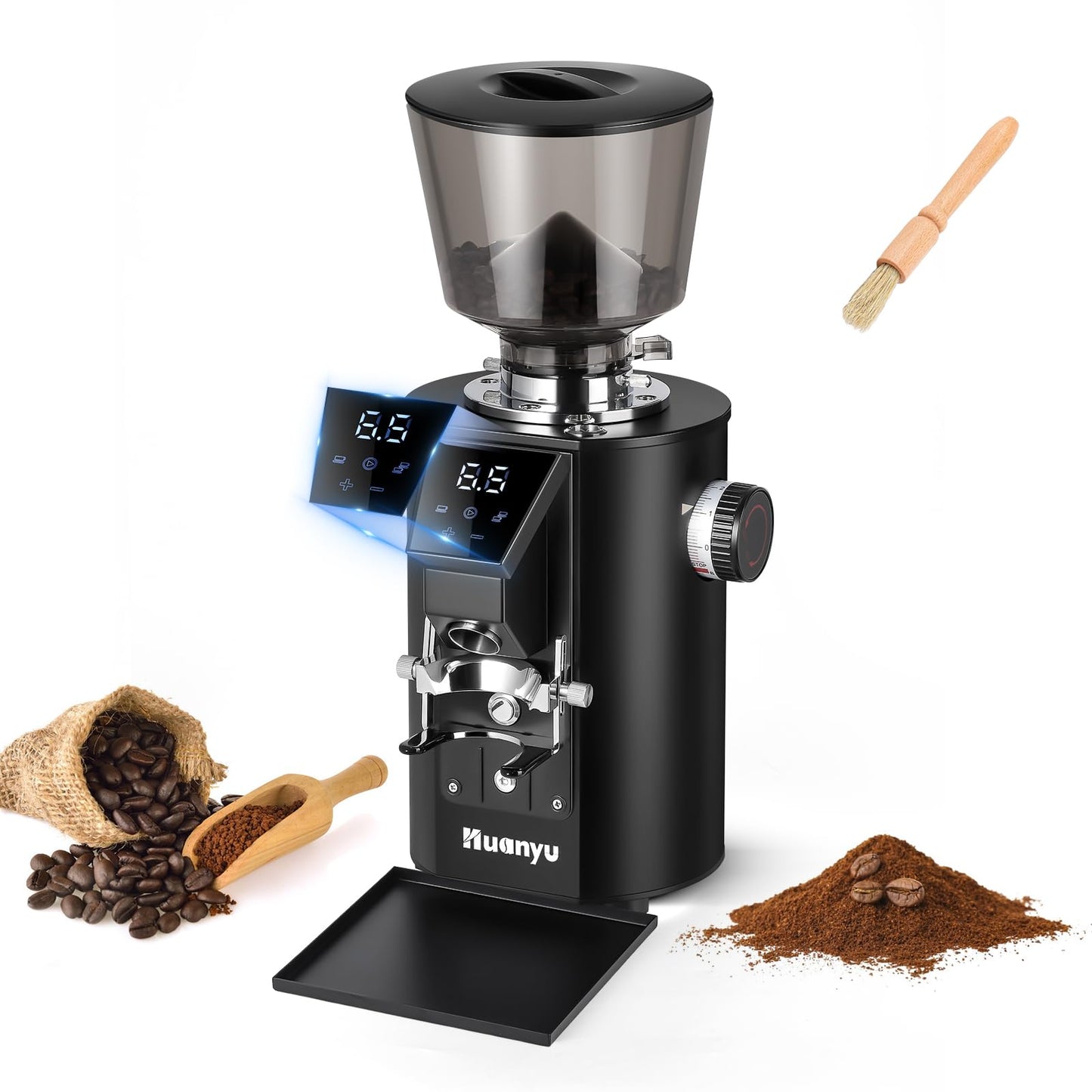 Huanyu Commercial Coffee Grinder - Touchscreen Control, 8 Grind Settings, 64mm Flat Burr, Dual Dosing Modes for Coffee Shops