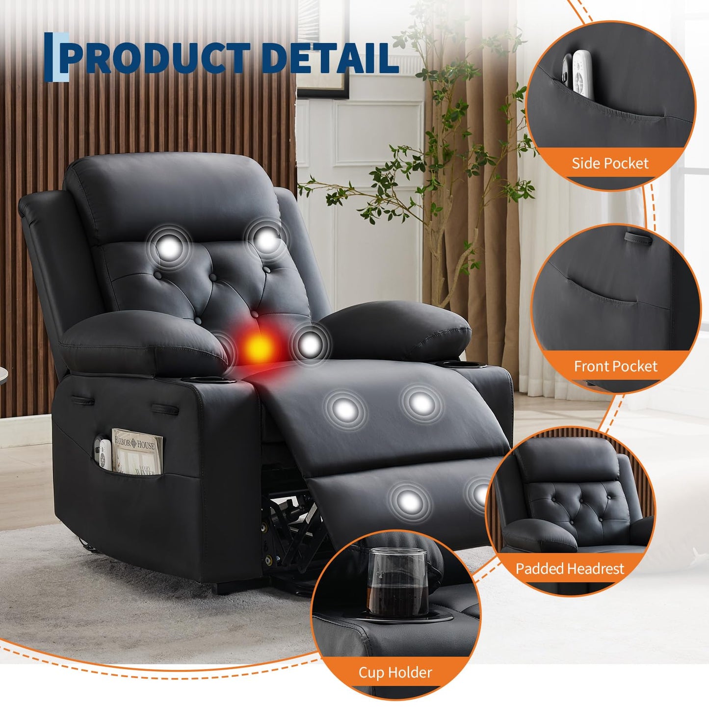 PeacefulHues Oversized Power Lift Recliner Chair for Elderly,Electric Lift Chair with Vibration Massage and Lumbar Heating,PU Leather Single Sofa with Side Pockets, Two Cup Holders for Big and Tall