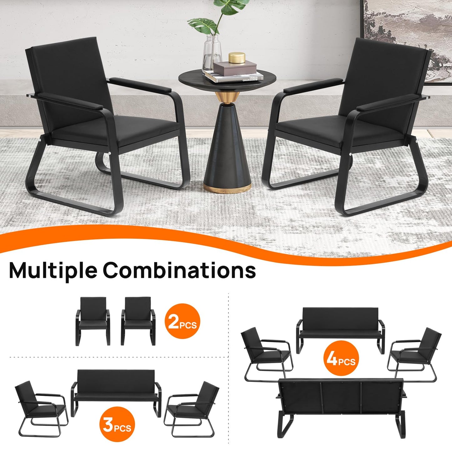 walnest Guest Reception Chair with Padded Arms, PU Leather, Heavy Duty 330 Lb Capacity, Black (Black, Double seat)