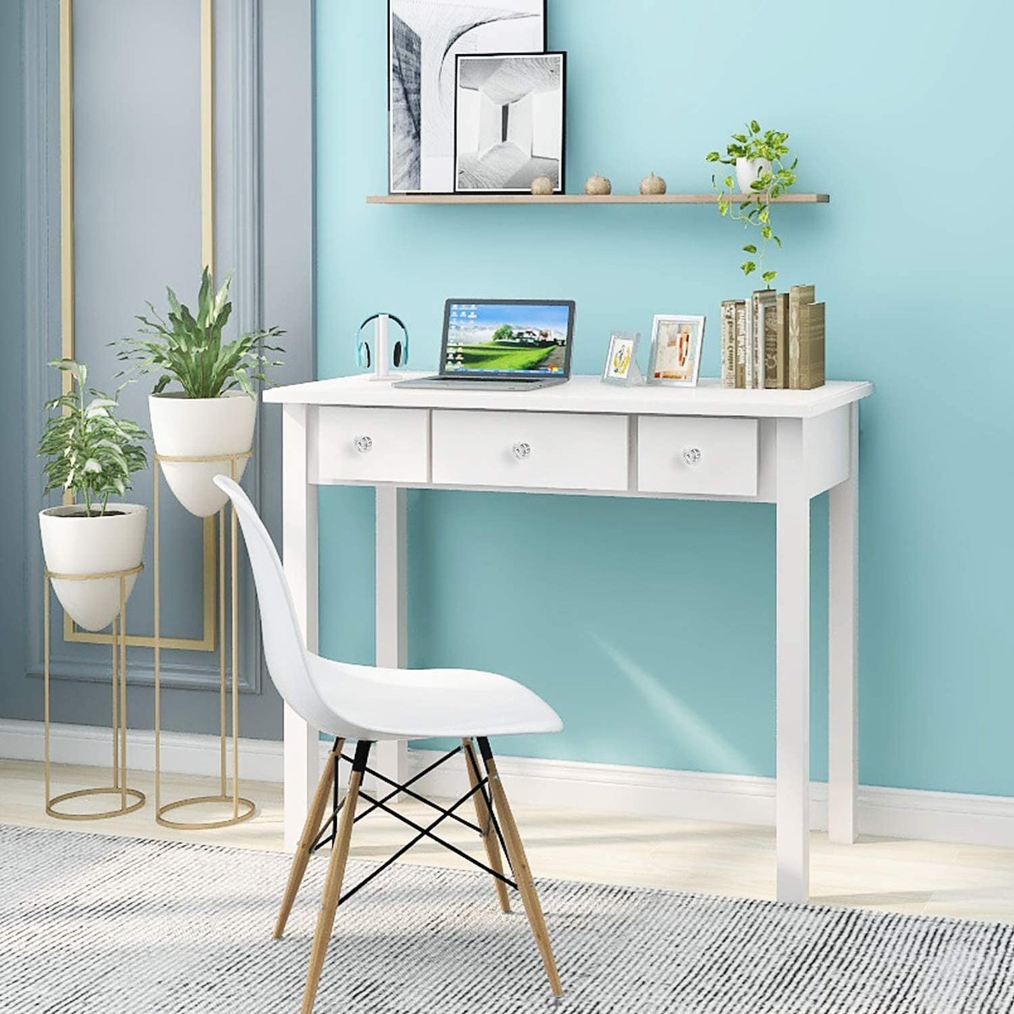STHOUYN Home Office Small Writing Desk with Drawers Bedroom, Study Table for Adults/Student, Vanity Makeup Dressing Table Save Space Gifts White (White)