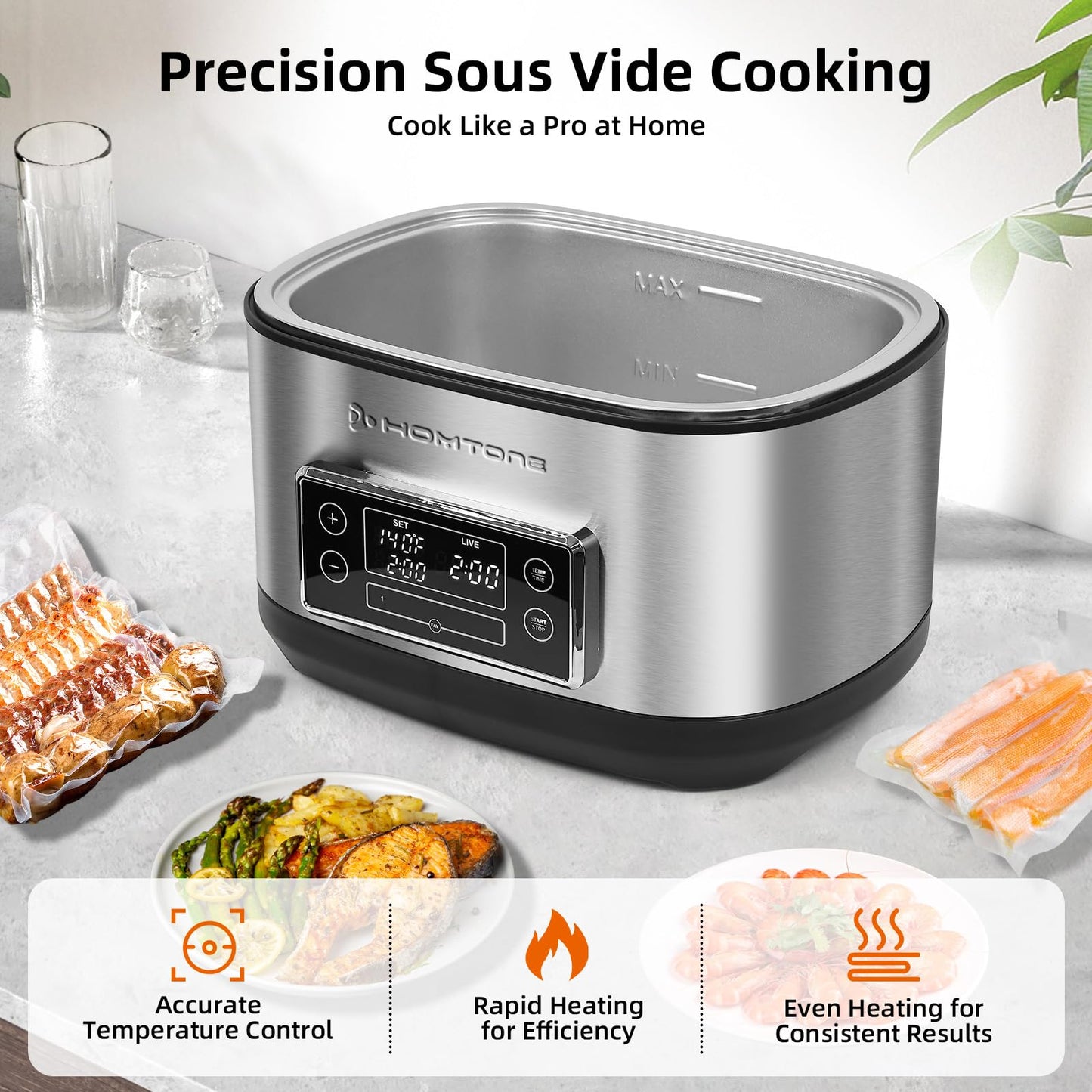 Homtone Sous Vide Cooker, 8 Quart Suveed Cooking Machine, Temperature Control Stainless Steel Sous Vide, Sous Vide Precise Cooker with Timer, Sousvide for Steak/Seafood/Poultry/Vegetables/Eggs