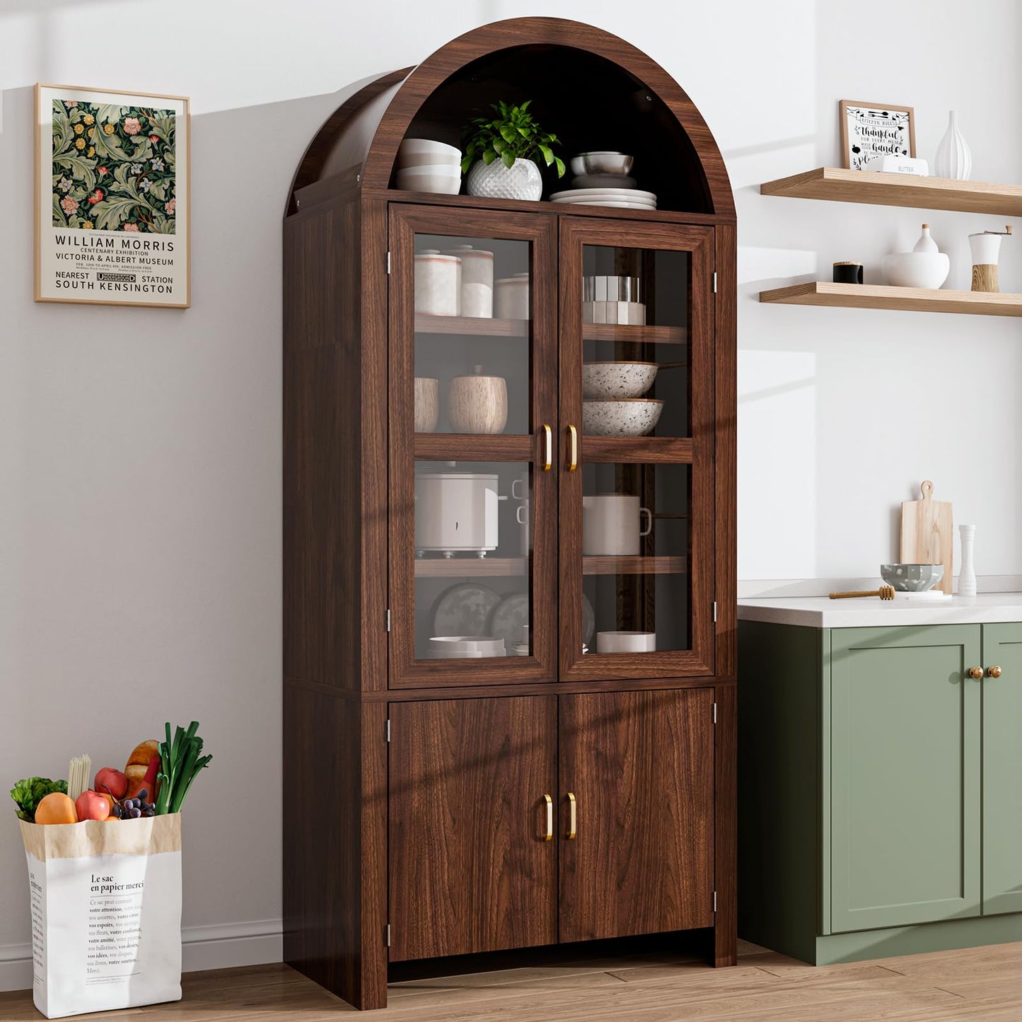 Breezestival 71" Tall Arched Kitchen Pantry Cabinet, Modern Farmhouse Wood Kitchens Storage Cabinets, Cupboard for Dining Room, Kitchen, Bathroom, Brown