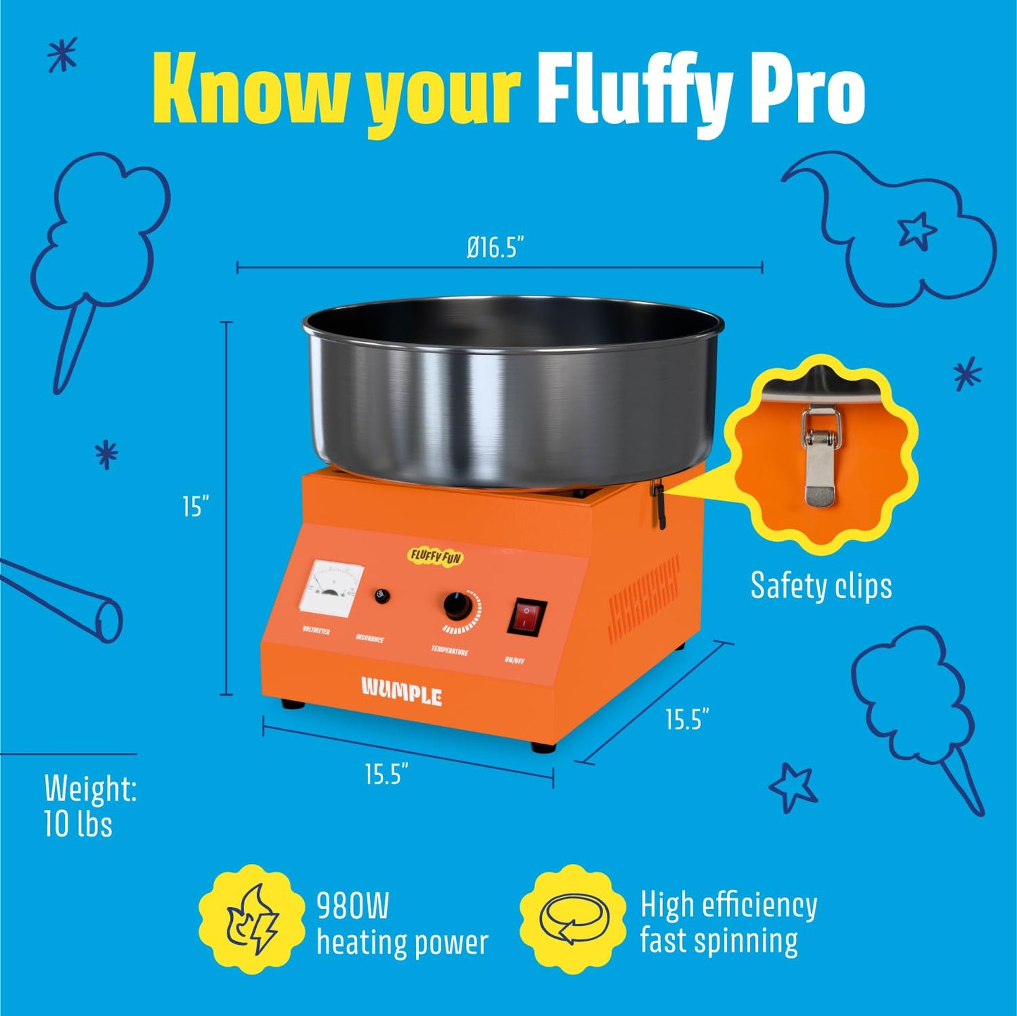 Wumple - Cotton Candy Machine Pro, Quick Heat-Up, Electric Machine with Large Stainless Steel Bowl for Parties & Business (Orange)