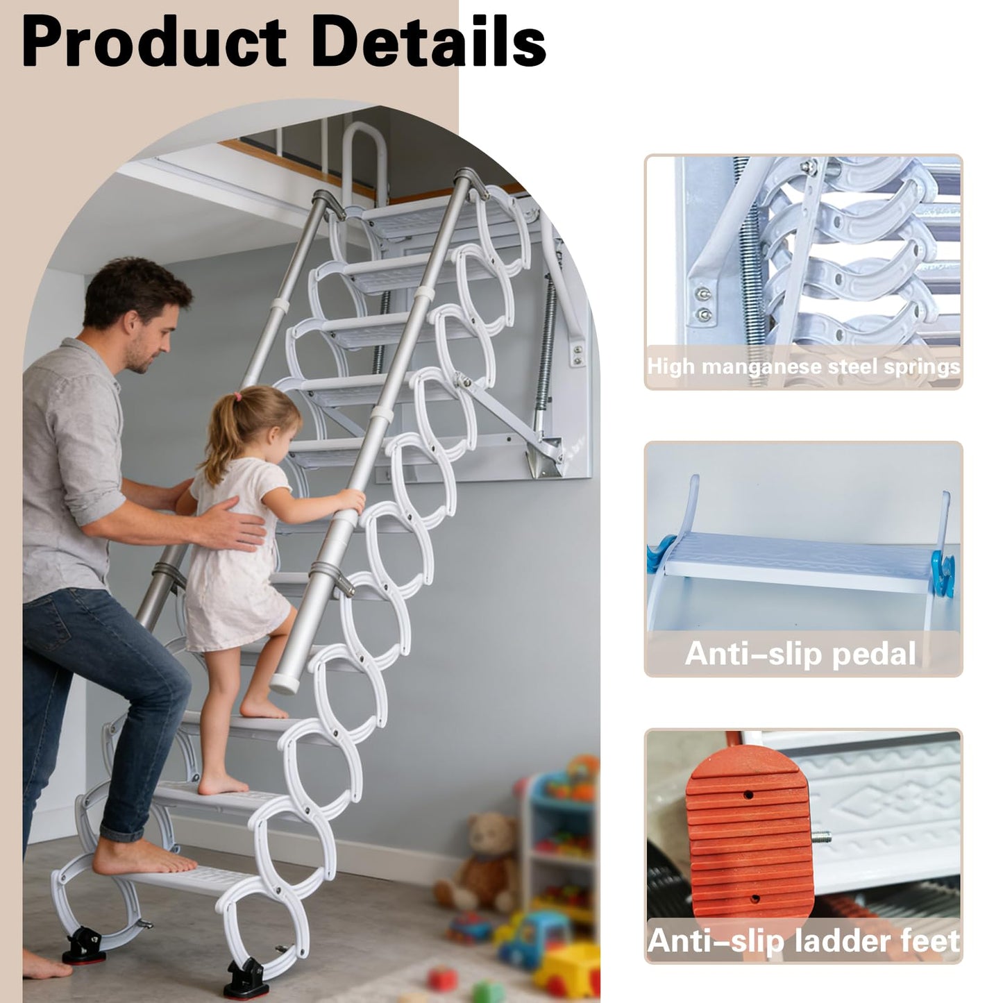 12 Steps Attic Stairs,Wall Mounted Folding Loft Ladder,Retractable Collapsible Stairs,Extension Steps Ladder with Armrests,Telescoping with Pulldown System (White, Step 12)