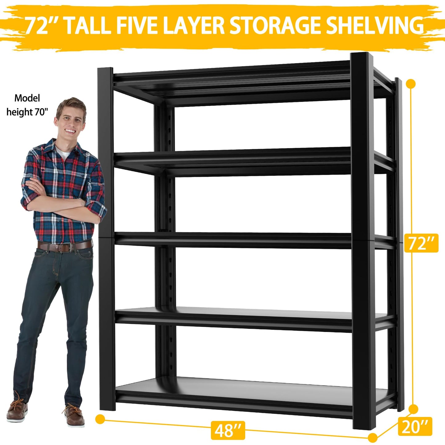 WOZBUD Standing Shelf Units 72" H x 48″W x 20" D,Heavy Duty Garage Shelving Units and Storage, 3000LBS 5-Tier Metal Shelves, Storage Rack for Garage Organization, Basement, Workshop, 1Pack