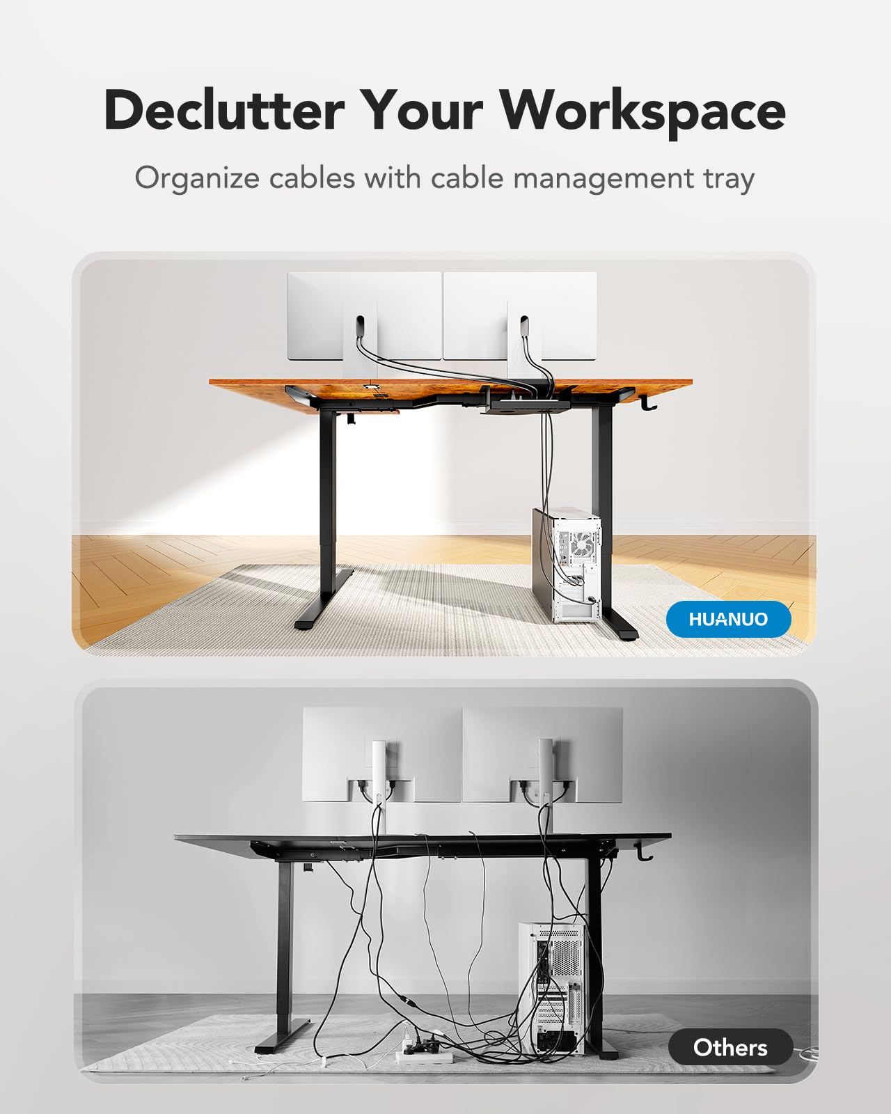 HUANUO 63x40 inch Dual Motor L Shaped Electric Standing Desk with 3 Preset Heights, Electric Height Adjustable Computer Table, 2 Hooks & Cable Tray, Raising Desk for Home Office, Vintage Brown