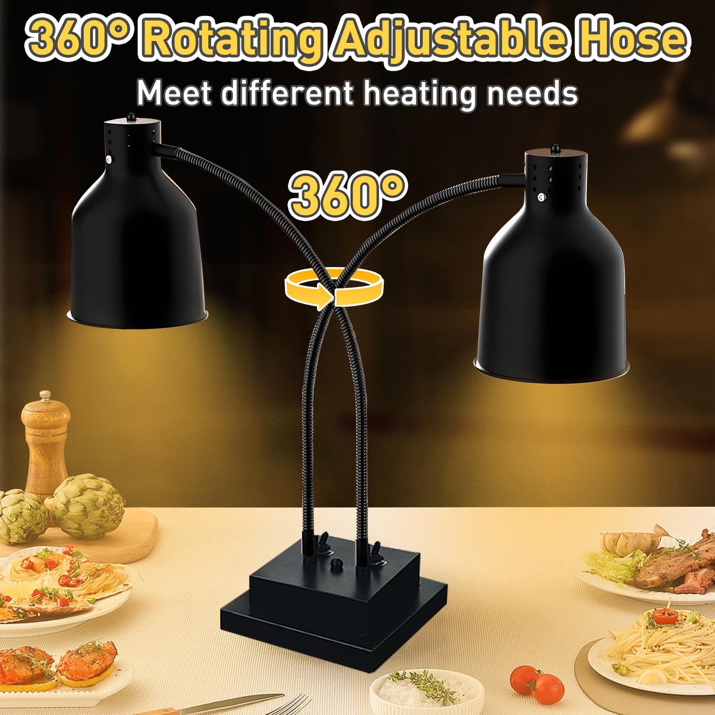 Food Heat Lamp,Commercial Food Warmer Lamp,Portable Electric Heat Lamp for Food,Dual Head Food Warming Light for Catering Food Service Restaurant Buffet Kitchen with Extra Bulb
