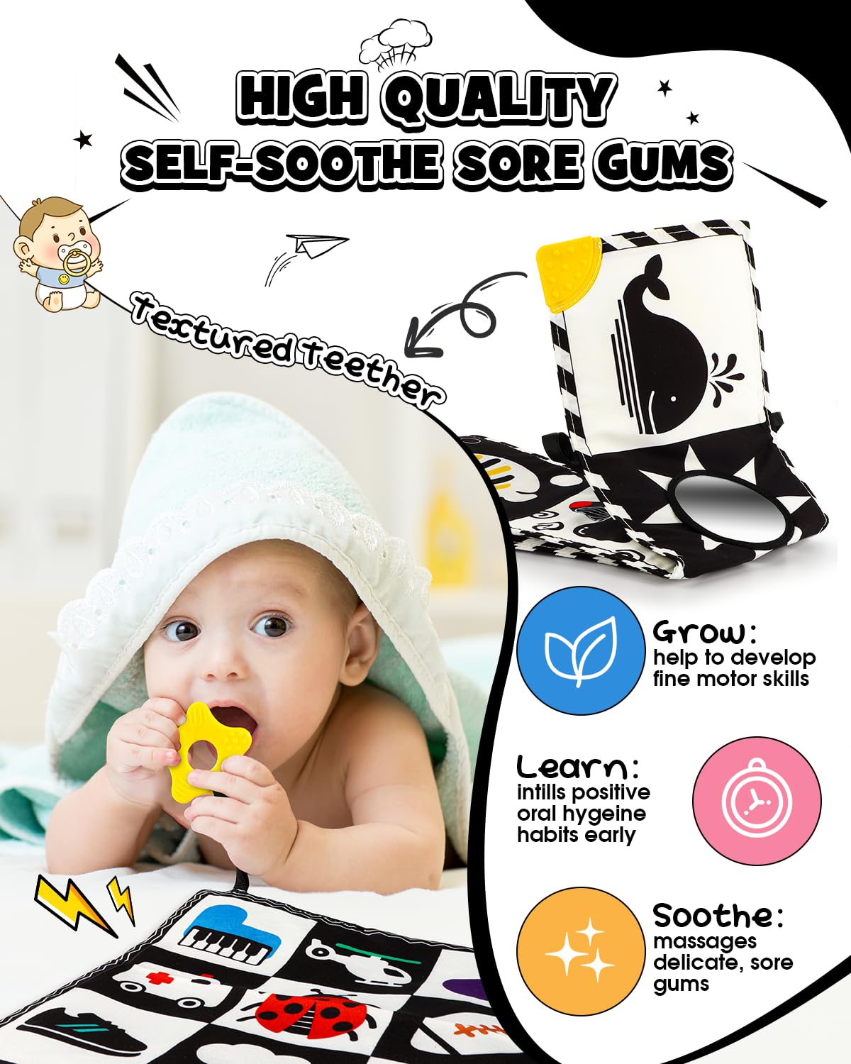 Baobrava 3 PCS Black and White High Contrast Baby Toys for Newborn, Montessori Toy Sensory Infant Tummy Time Toy Baby Essentials 0-6-12 Months Gifts